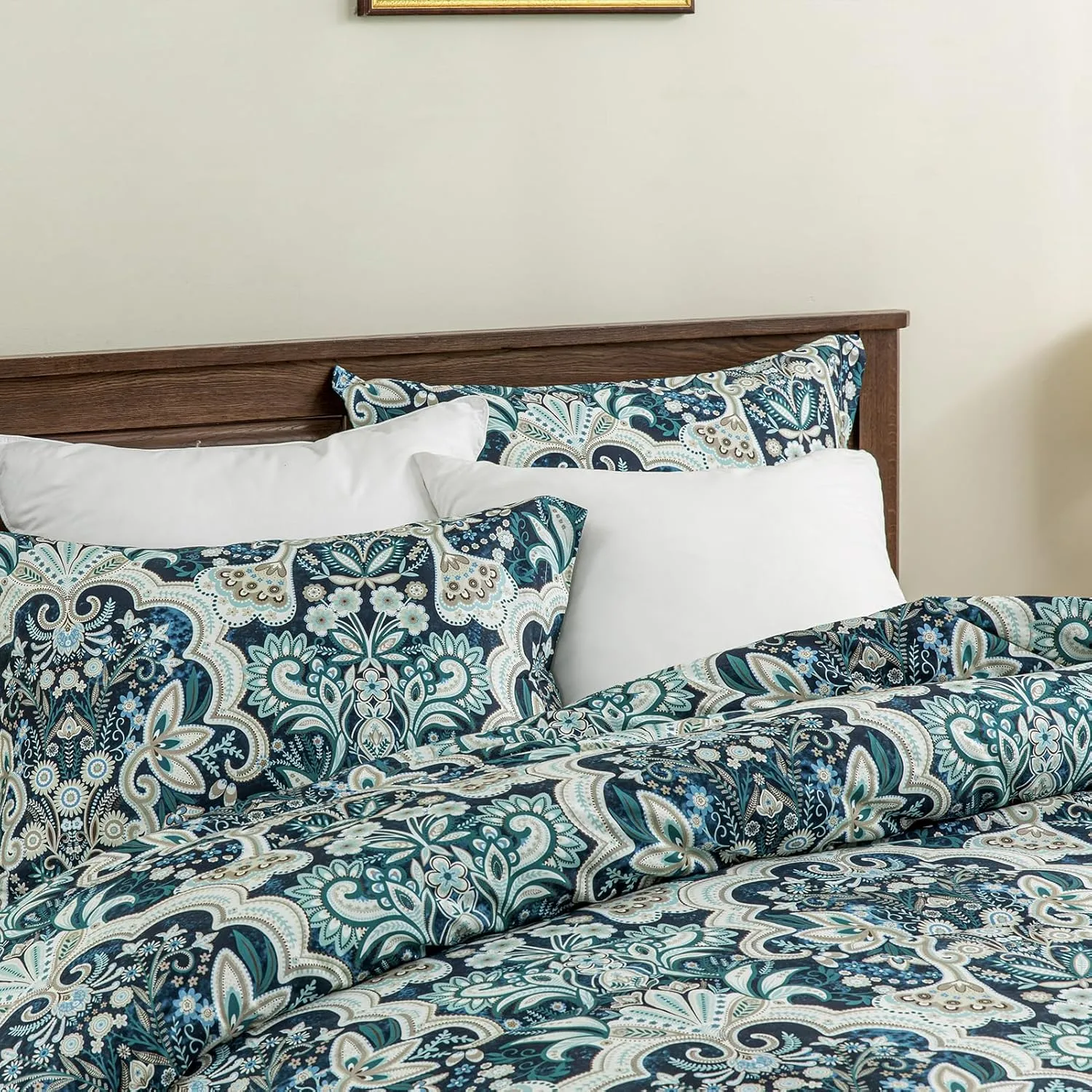 Finlonte Damask Queen Comforter Set, 100% Cotton Paisley Floral Bedding Set, Luxury Ethnic Queen Size Comforter, Fluffy Lightweight Soft Quilted Comforter All Season, Navy Blue/Taupe