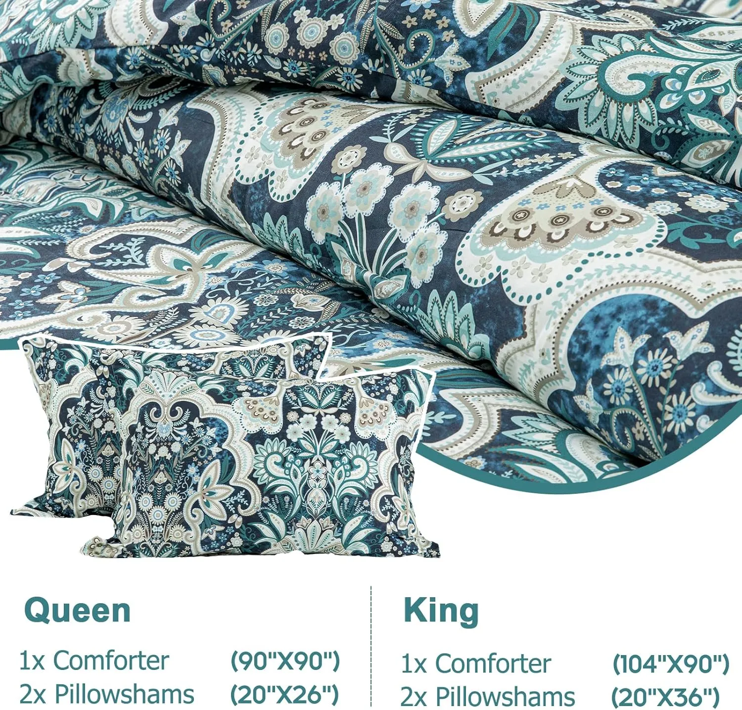 Finlonte Damask Queen Comforter Set, 100% Cotton Paisley Floral Bedding Set, Luxury Ethnic Queen Size Comforter, Fluffy Lightweight Soft Quilted Comforter All Season, Navy Blue/Taupe