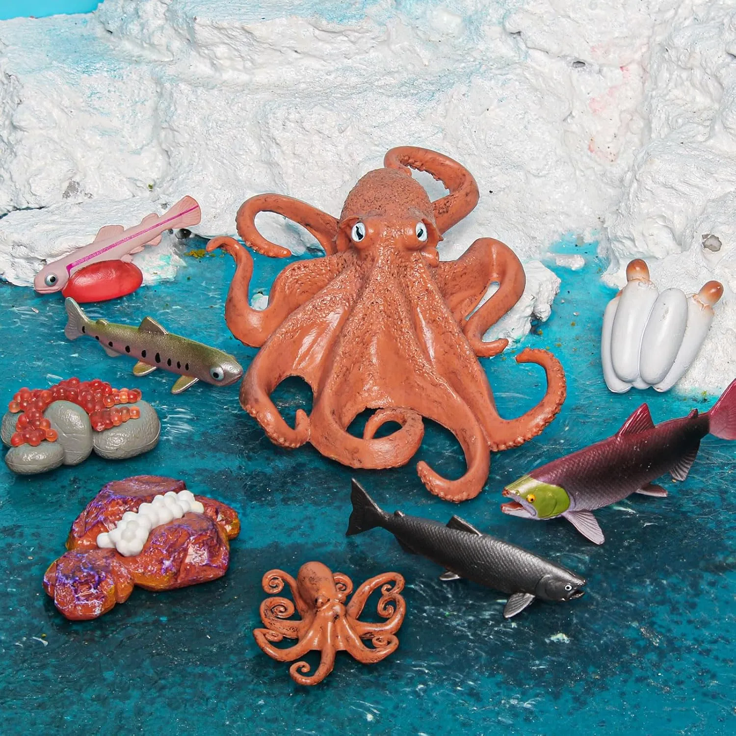 Fish Life Cycle of Octopus Figurines Salmon Figurines Octopus Figures Set Toys Realistic Animals Preschool Animals Eduactional Project Diorama Model Toy for Kids