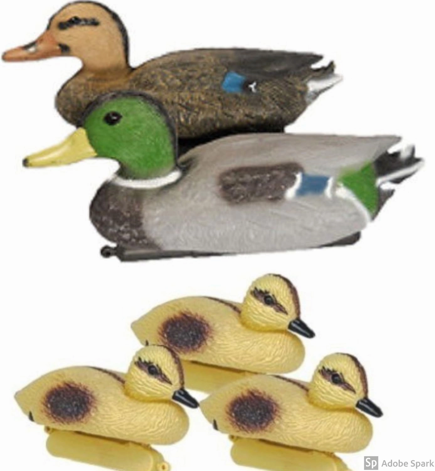 Floating Duck Decoy Family Pack, Contains One Male Mallard (Drake), One Female Mallard (Hen) and 3 Ducklings, Decoy, Yard Decoration