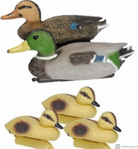Floating Duck Decoy Family Pack, Contains One Male Mallard (Drake), One Female Mallard (Hen) and 3 Ducklings, Decoy, Yard Decoration