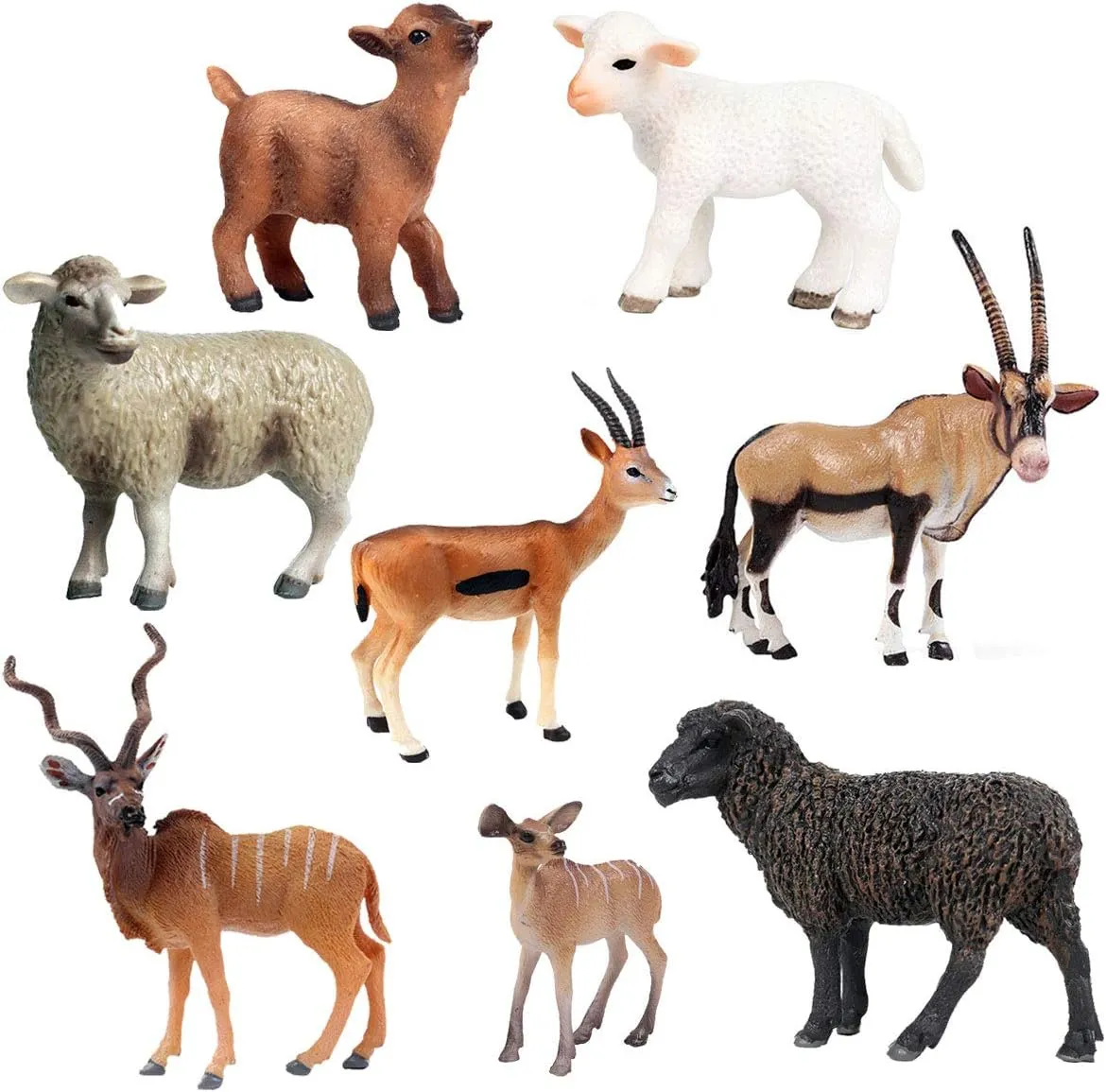 Flormoon Animal Figures 8 pcs Realistic Plastic Sheep Figurines Set Includes Black Lamb, Pronghorn Antelope etc. Science Project, Learning Educational Toys, Birthday Gift for Kids Toddlers