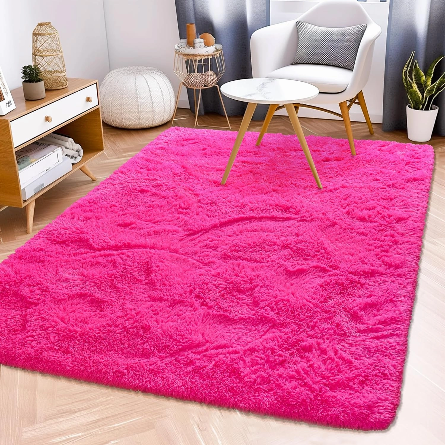 Fluffy Rug Washable 4x6 Feet, Hot Pink Fuzzy Rugs for Bedroom Girls, Flame Retardant Plush Shaggy Rug Home Decor