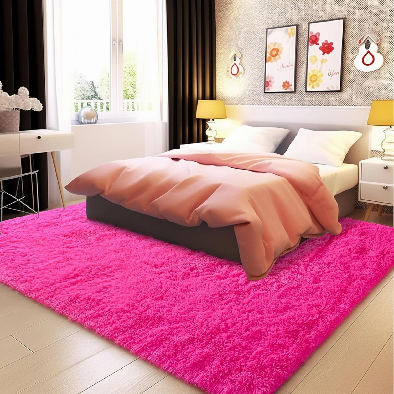 Fluffy Rug Washable 4x6 Feet, Hot Pink Fuzzy Rugs for Bedroom Girls, Flame Retardant Plush Shaggy Rug Home Decor