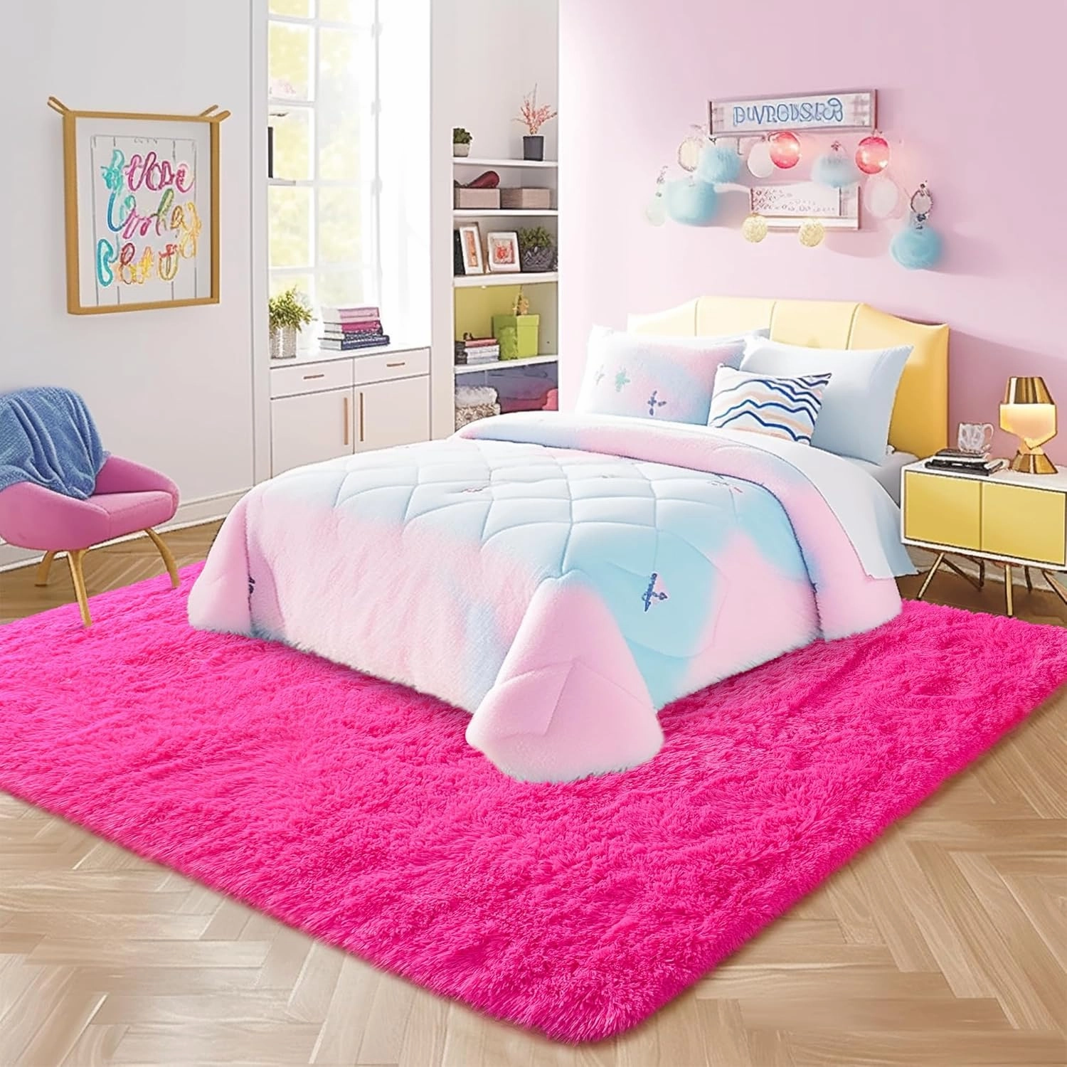 Fluffy Rug Washable 4x6 Feet, Hot Pink Fuzzy Rugs for Bedroom Girls, Flame Retardant Plush Shaggy Rug Home Decor