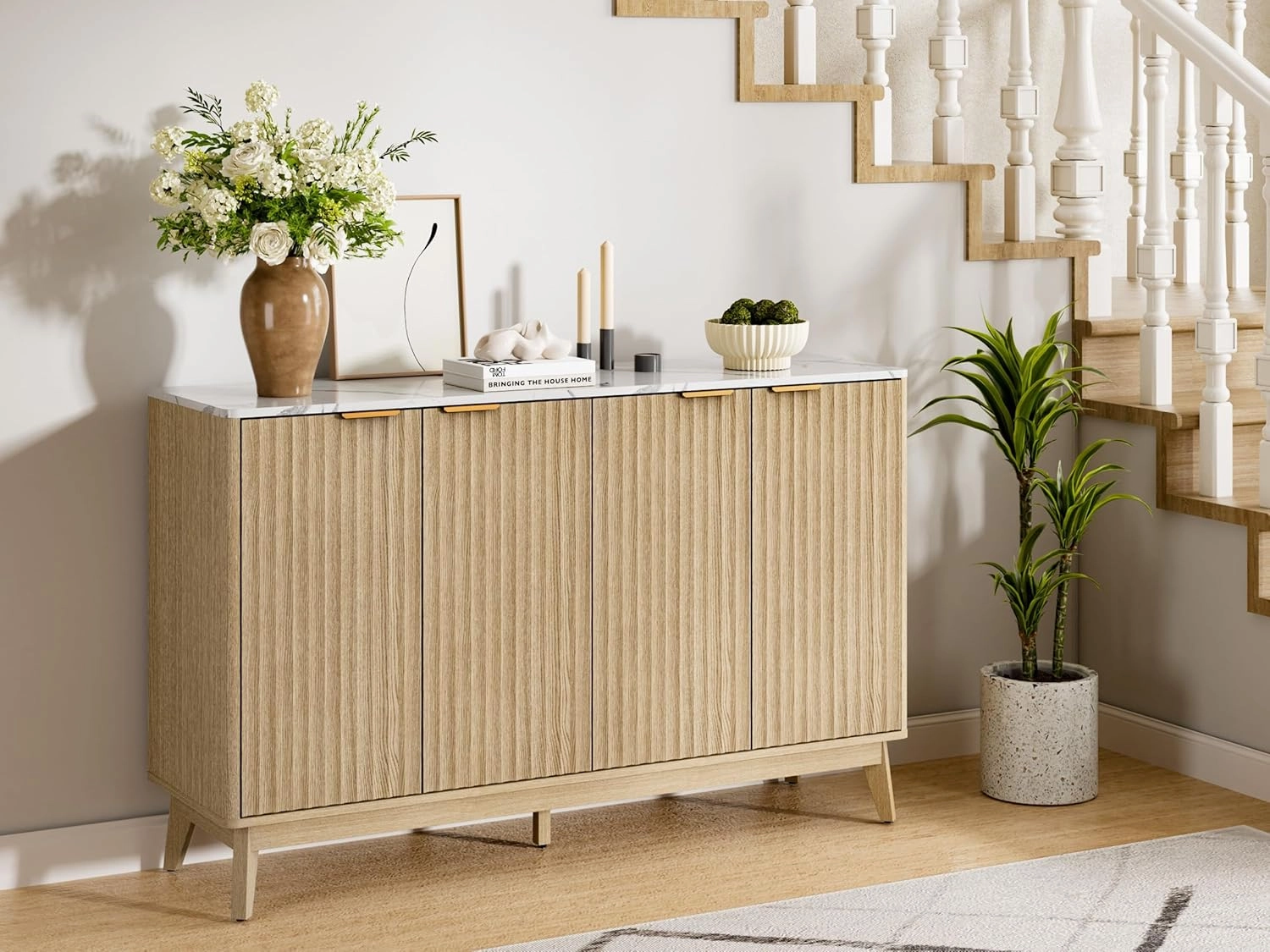 Fluted Sideboard Buffet Cabinet with Storage, 55'' Large Credenza Accent Cabinet for Living Room Entryway Dining Room, Media Console Table, Faux Stone Finish Top & Adjustable Shelf, Natural Oak