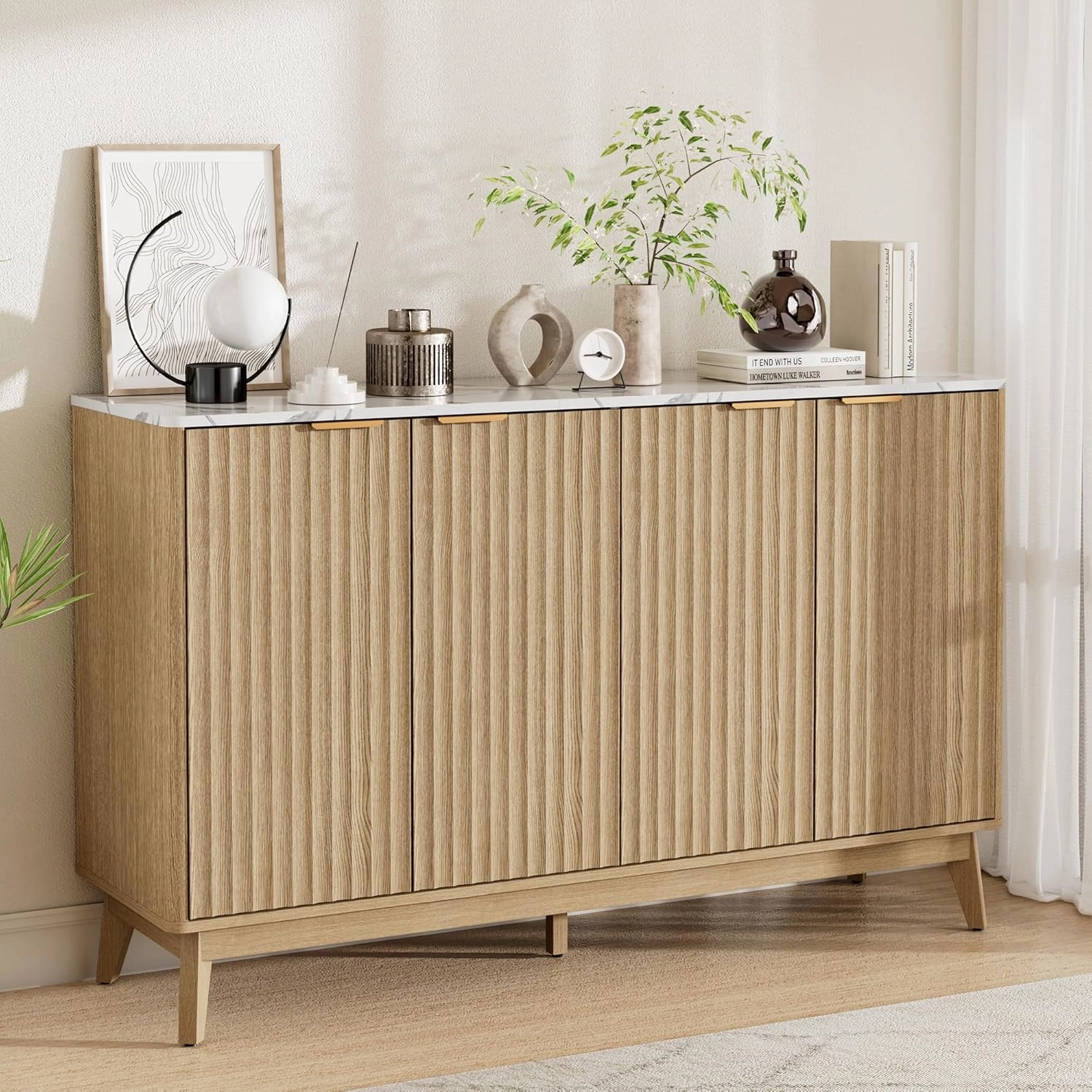 Fluted Sideboard Buffet Cabinet with Storage, 55'' Large Credenza Accent Cabinet for Living Room Entryway Dining Room, Media Console Table, Faux Stone Finish Top & Adjustable Shelf, Natural Oak
