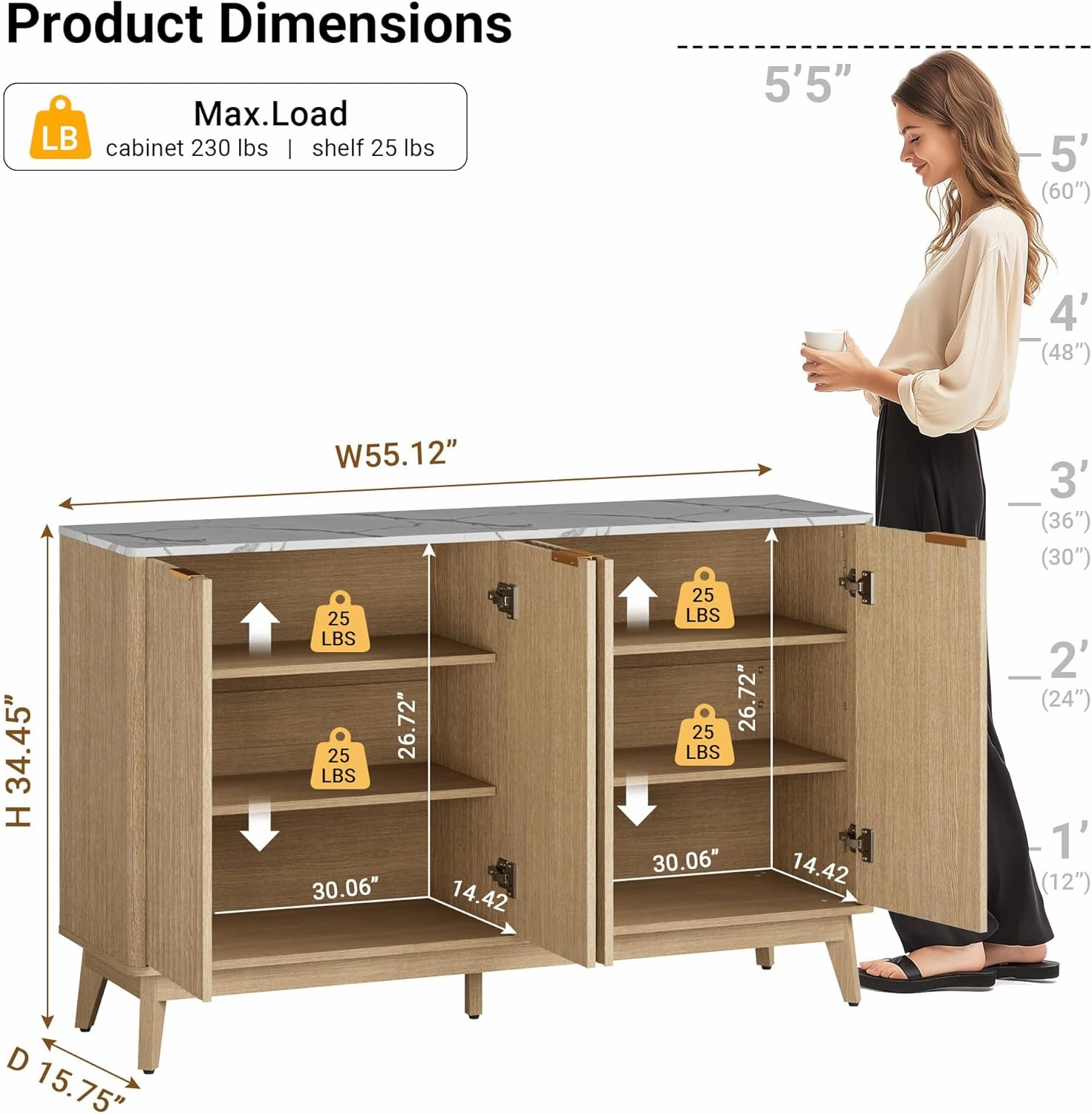 Fluted Sideboard Buffet Cabinet with Storage, 55'' Large Credenza Accent Cabinet for Living Room Entryway Dining Room, Media Console Table, Faux Stone Finish Top & Adjustable Shelf, Natural Oak