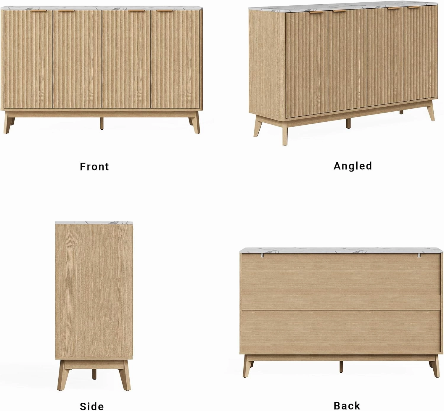 Fluted Sideboard Buffet Cabinet with Storage, 55'' Large Credenza Accent Cabinet for Living Room Entryway Dining Room, Media Console Table, Faux Stone Finish Top & Adjustable Shelf, Natural Oak