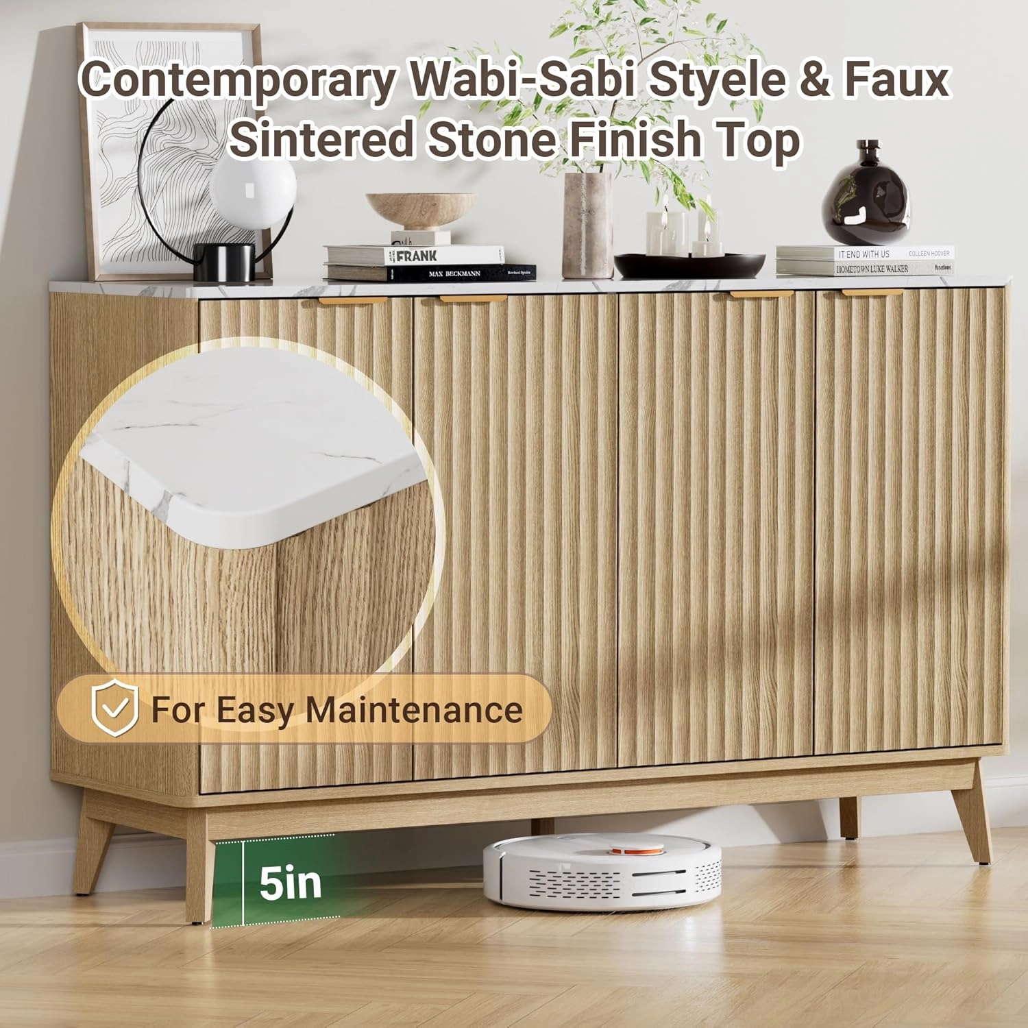 Fluted Sideboard Buffet Cabinet with Storage, 55'' Large Credenza Accent Cabinet for Living Room Entryway Dining Room, Media Console Table, Faux Stone Finish Top & Adjustable Shelf, Natural Oak