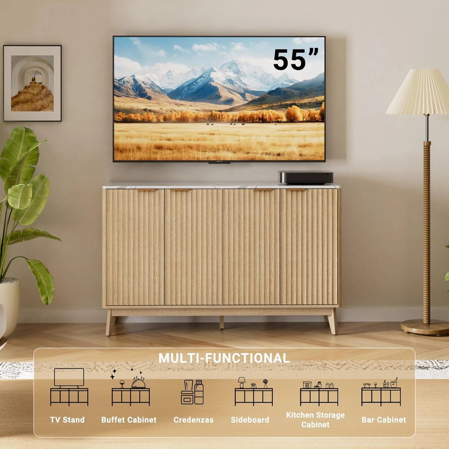 Fluted Sideboard Buffet Cabinet with Storage, 55'' Large Credenza Accent Cabinet for Living Room Entryway Dining Room, Media Console Table, Faux Stone Finish Top & Adjustable Shelf, Natural Oak