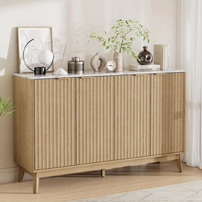 Fluted Sideboard Buffet Cabinet with Storage, 55'' Large Credenza Accent Cabinet for Living Room Entryway Dining Room, Media Console Table, Faux Stone Finish Top & Adjustable Shelf, Natural Oak