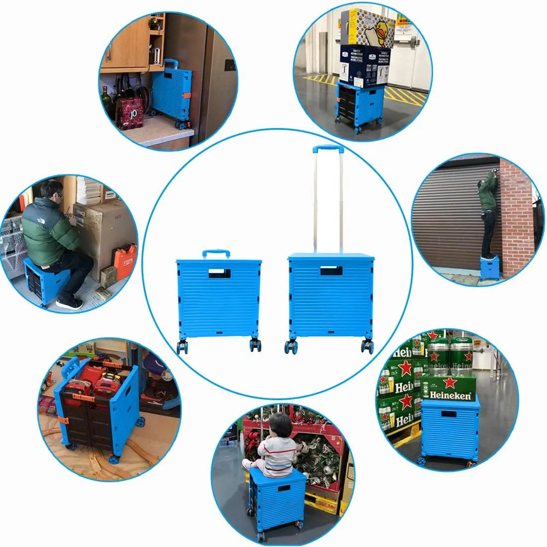 Foldable Utility Cart Folding Portable Rolling Crate Handcart Shopping Trolley Wheel Box with Lid Wear-Resistant Noiseless 360°Rotate Wheel for Travel Shopping Moving Storage Office Use (Sky Blue)
