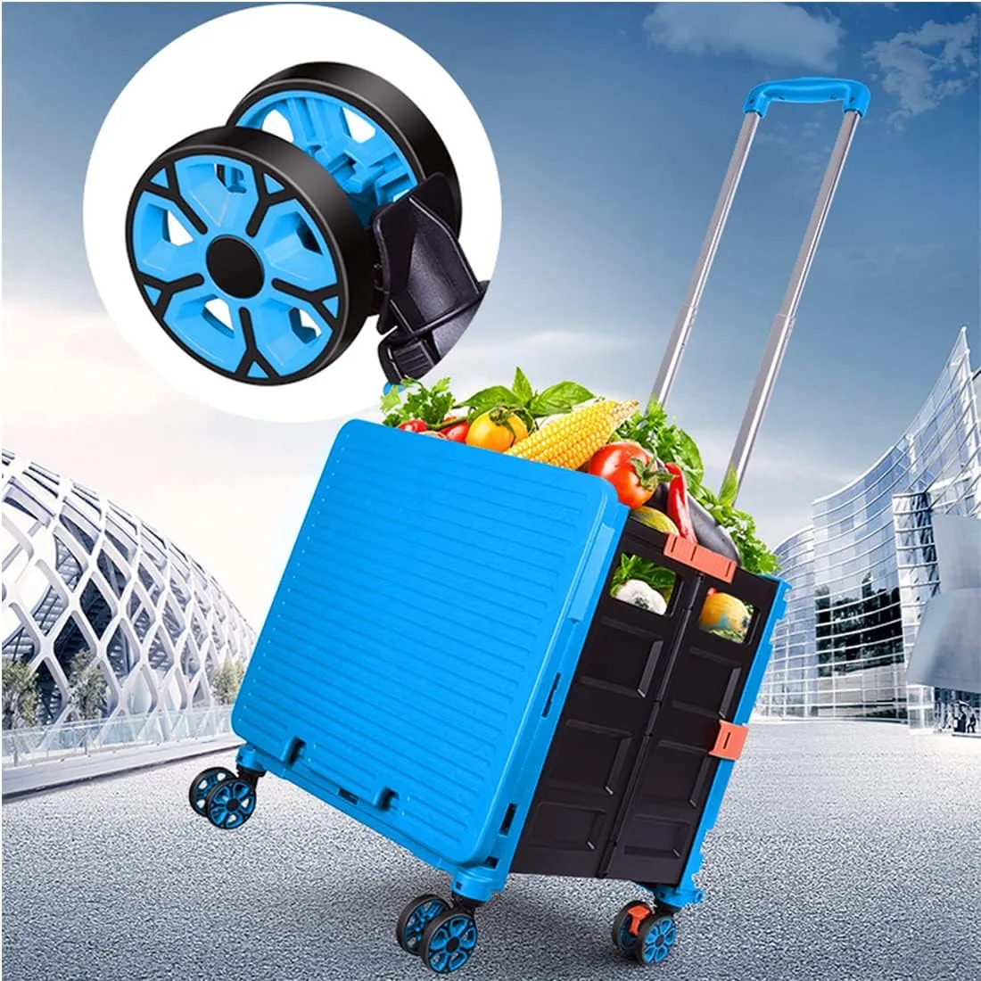 Foldable Utility Cart Folding Portable Rolling Crate Handcart Shopping Trolley Wheel Box with Lid Wear-Resistant Noiseless 360°Rotate Wheel for Travel Shopping Moving Storage Office Use (Sky Blue)