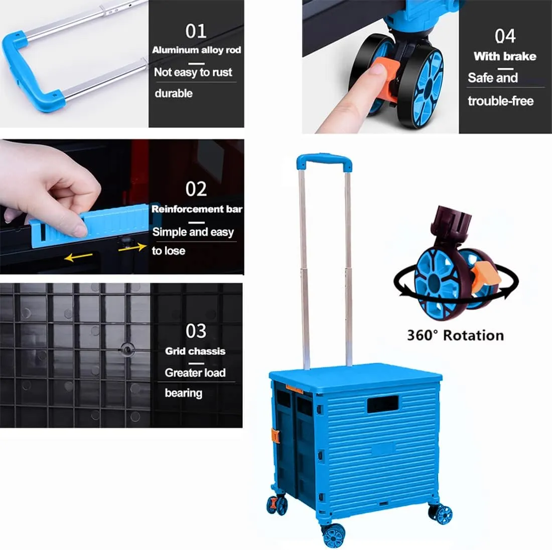 Foldable Utility Cart Folding Portable Rolling Crate Handcart Shopping Trolley Wheel Box with Lid Wear-Resistant Noiseless 360°Rotate Wheel for Travel Shopping Moving Storage Office Use (Sky Blue)