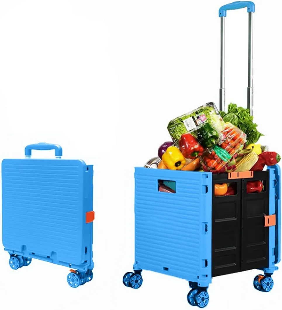 Foldable Utility Cart Folding Portable Rolling Crate Handcart Shopping Trolley Wheel Box with Lid Wear-Resistant Noiseless 360°Rotate Wheel for Travel Shopping Moving Storage Office Use (Sky Blue)