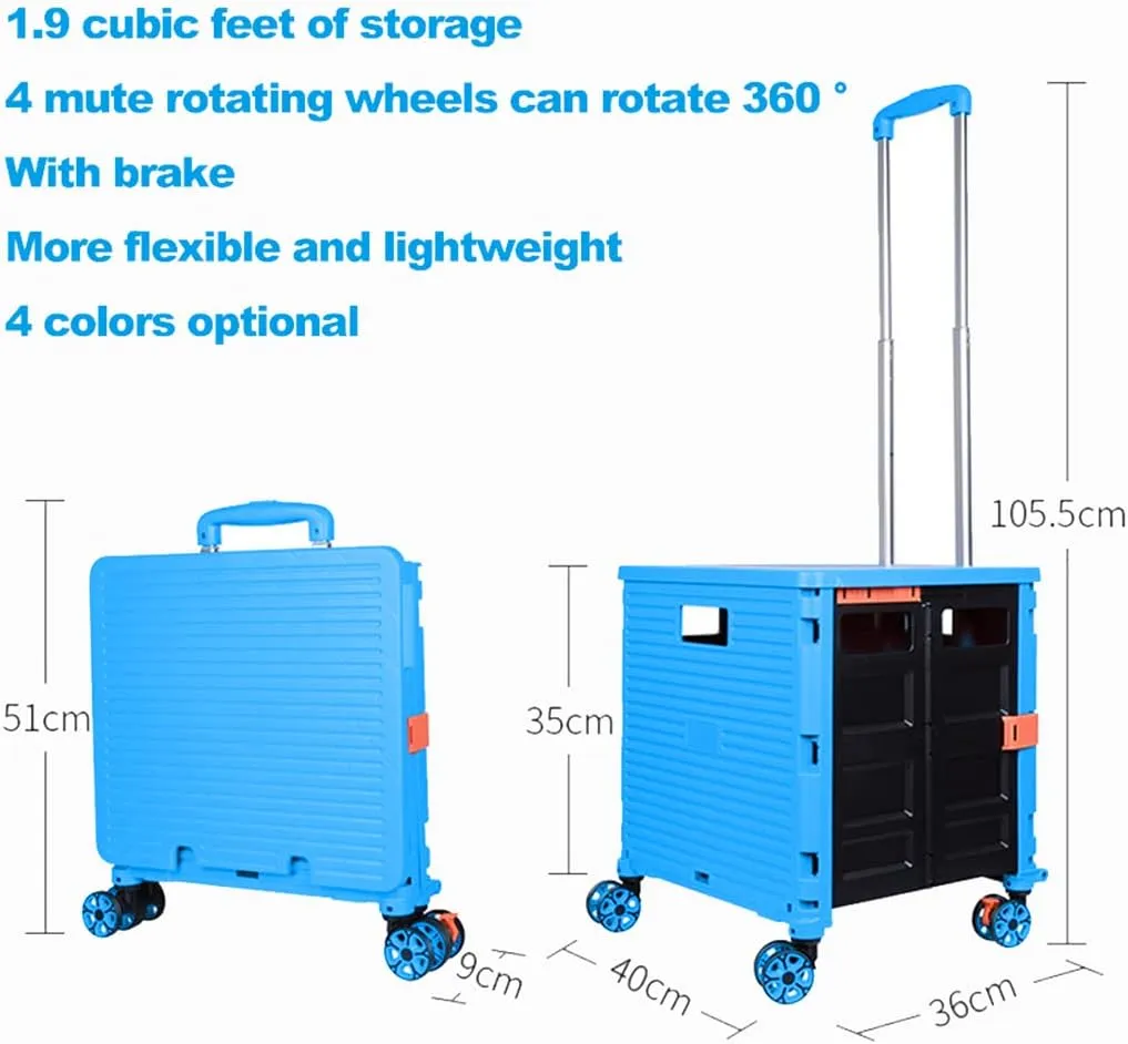 Foldable Utility Cart Folding Portable Rolling Crate Handcart Shopping Trolley Wheel Box with Lid Wear-Resistant Noiseless 360°Rotate Wheel for Travel Shopping Moving Storage Office Use (Sky Blue)