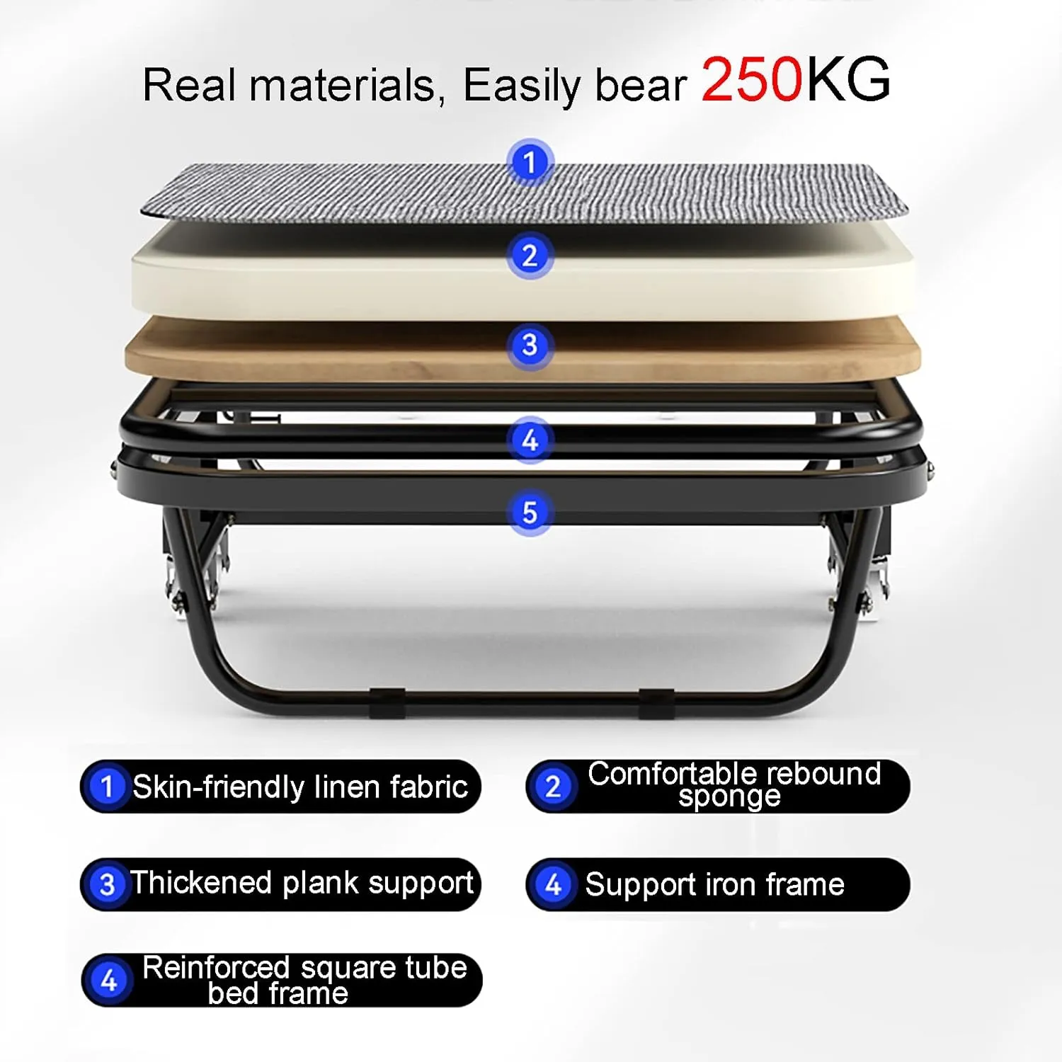 Folding Camping Cot with Mattress, Heavy Duty Sleeping Cot Bed with 6-speed Adjustment, Emergency Sleepovers Bed with Universal Wheel, 250 KG Weight Capacity, Home Office Vacation Hospital(180x90cm/70