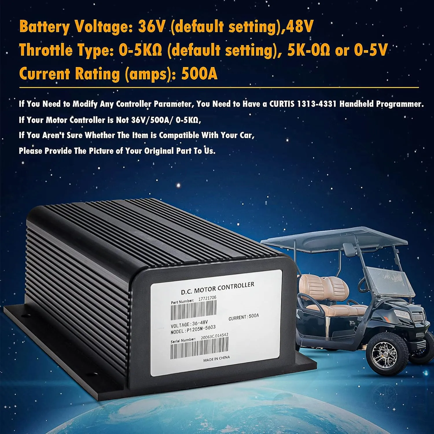 for 1205-117 36V 400A 0-5KΩ Curtis Controller & 1204-1205 36V 500A 0-5KΩ Compatible with Curtis 1204 1205 36V EZGO Golf Cart Electric Speed Controller