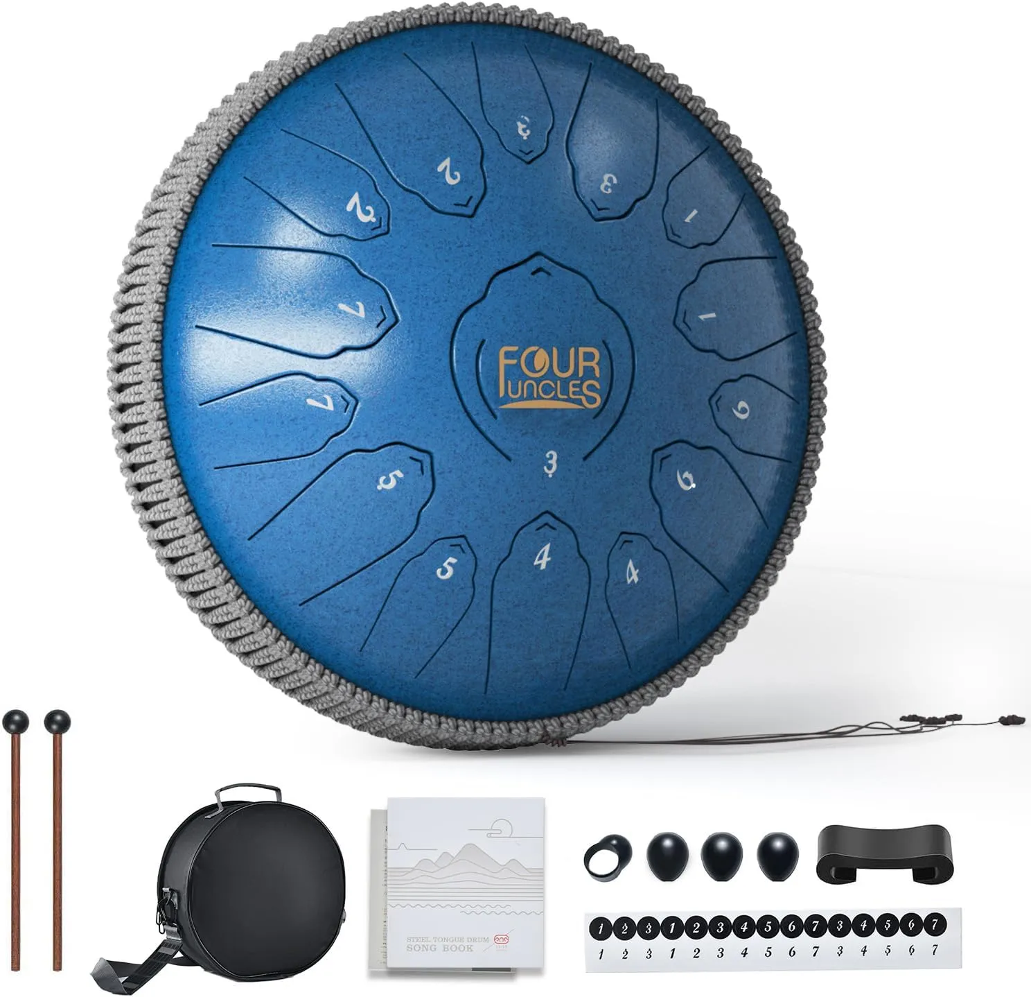 FOUR UNCLES Rain Drum for Outside, Steel Tongue Drum -13 Inch 15 Notes - Hand Pan Drums with Travel Bag,Music Book & Mallets, Musical Instruments Gifts for Family and Friends