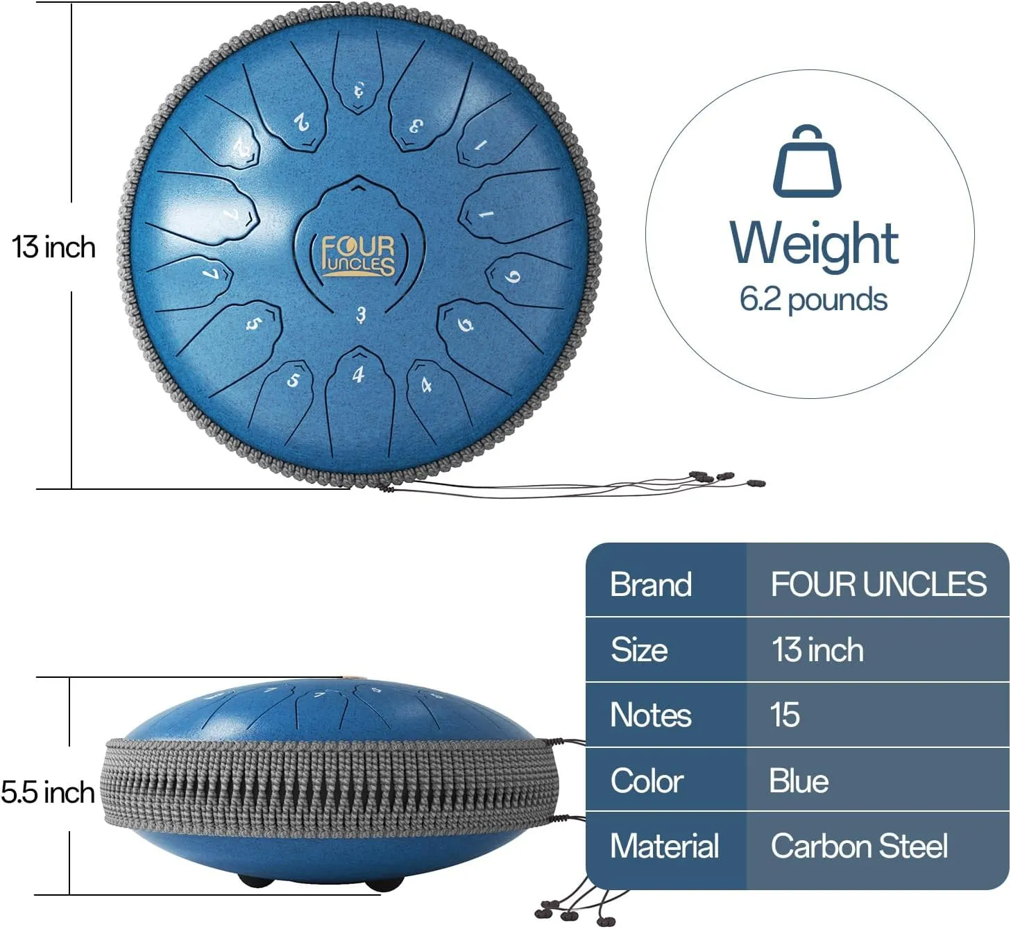 FOUR UNCLES Rain Drum for Outside, Steel Tongue Drum -13 Inch 15 Notes - Hand Pan Drums with Travel Bag,Music Book & Mallets, Musical Instruments Gifts for Family and Friends