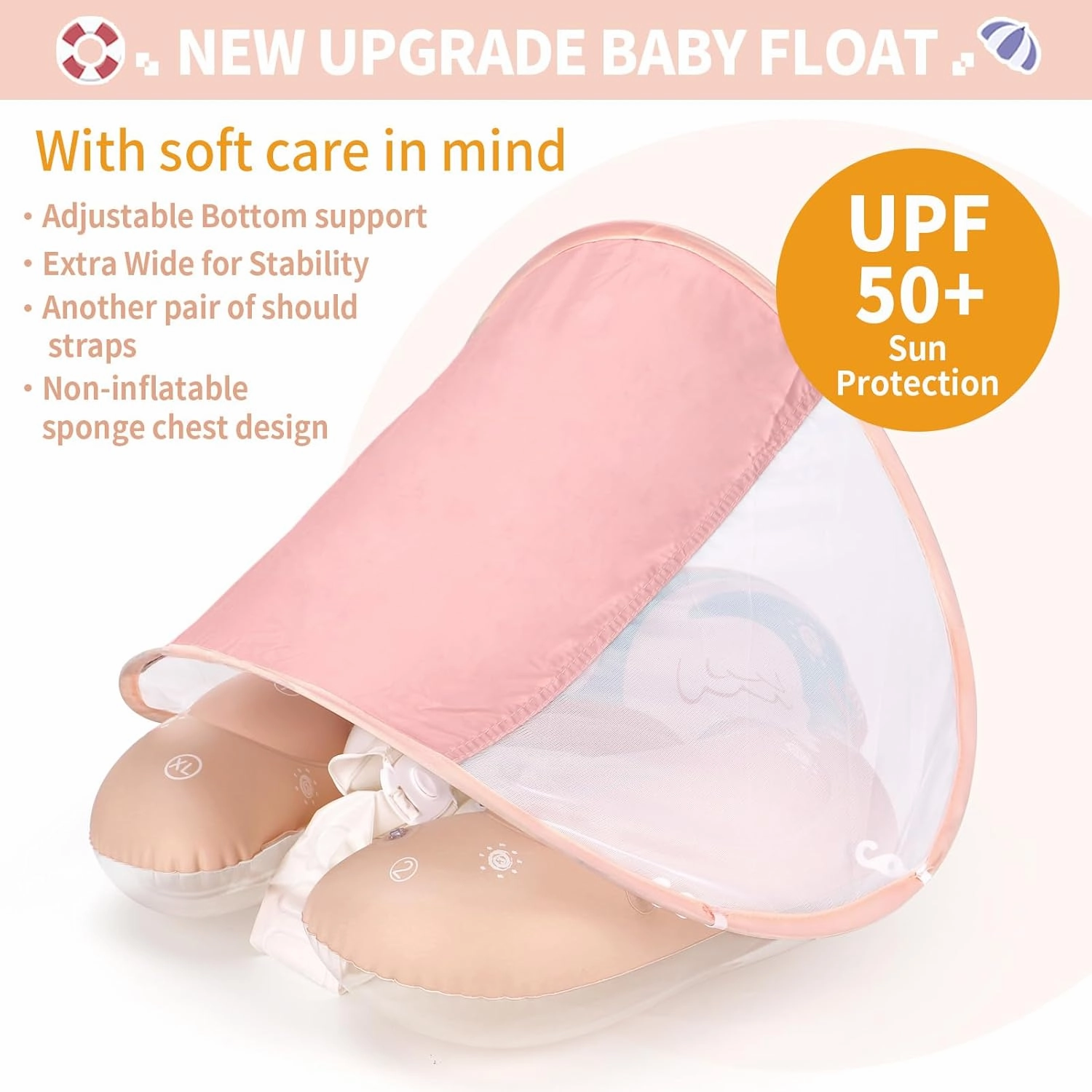 Free Swimming Baby Inflatable Baby Swim Float with Sun Canopy Size Improved Infant Pool Floaties Swimming Pool Toys for The Age of 3-36 Months (Pink, X-Large)