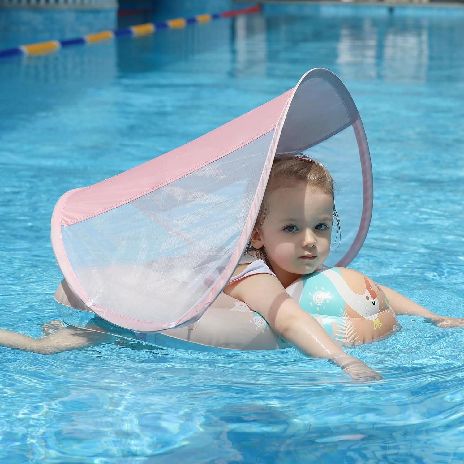 Free Swimming Baby Inflatable Baby Swim Float with Sun Canopy Size Improved Infant Pool Floaties Swimming Pool Toys for The Age of 3-36 Months (Pink, X-Large)