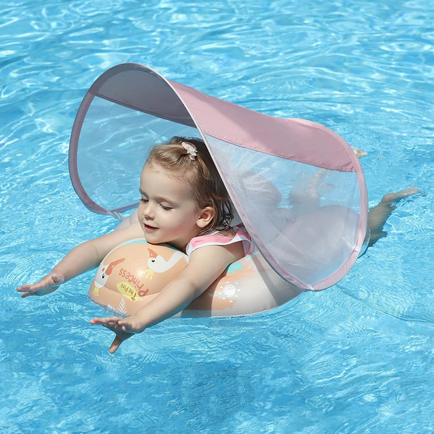 Free Swimming Baby Inflatable Baby Swim Float with Sun Canopy Size Improved Infant Pool Floaties Swimming Pool Toys for The Age of 3-36 Months (Pink, X-Large)