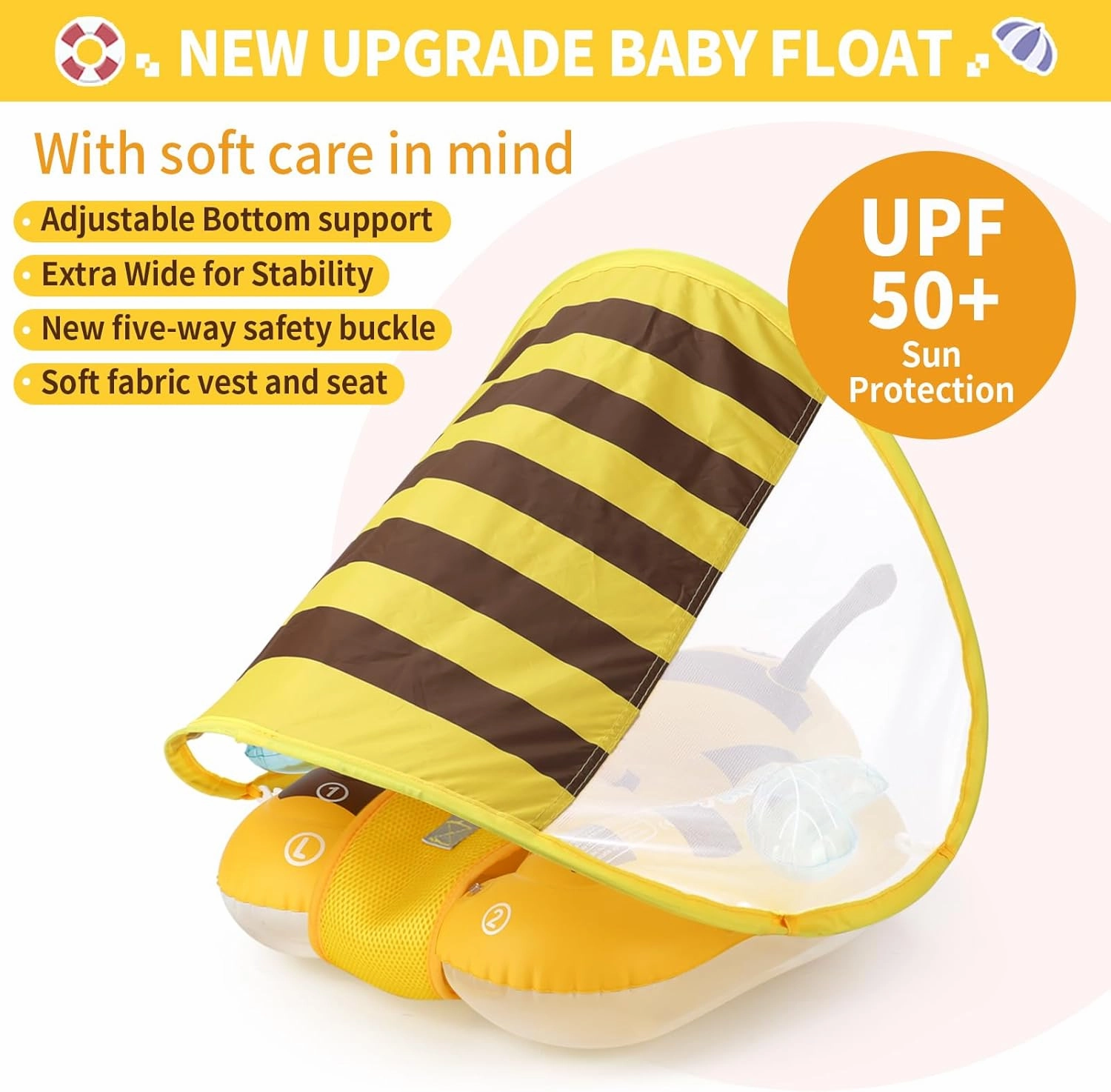 Free Swimming Baby Inflatable Baby Swim Float with Sun Canopy Size Improved Infant Pool Floaties Swimming Pool Toys for The Age of 3-36 Months(Yellow, Large)