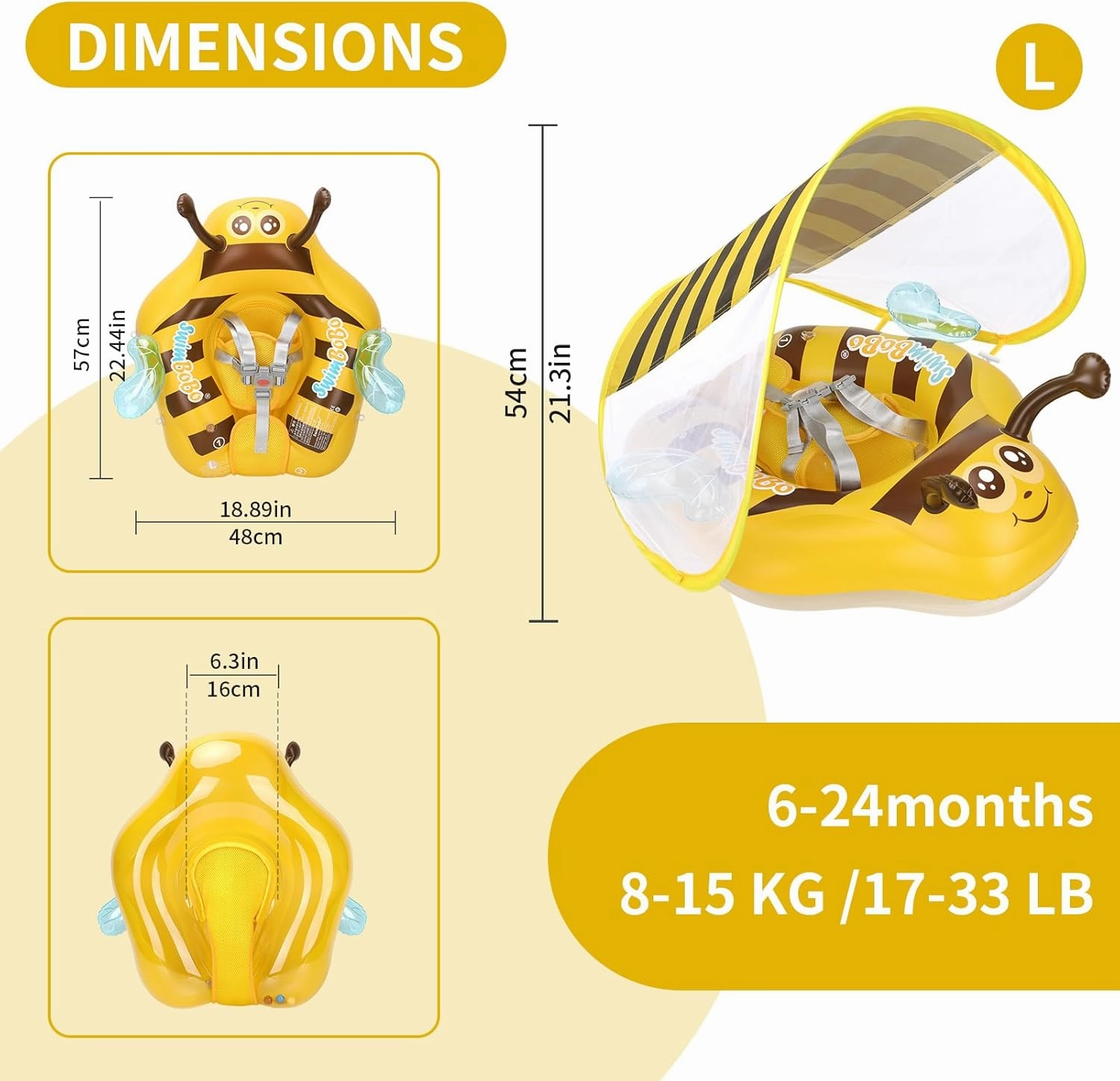 Free Swimming Baby Inflatable Baby Swim Float with Sun Canopy Size Improved Infant Pool Floaties Swimming Pool Toys for The Age of 3-36 Months(Yellow, Large)