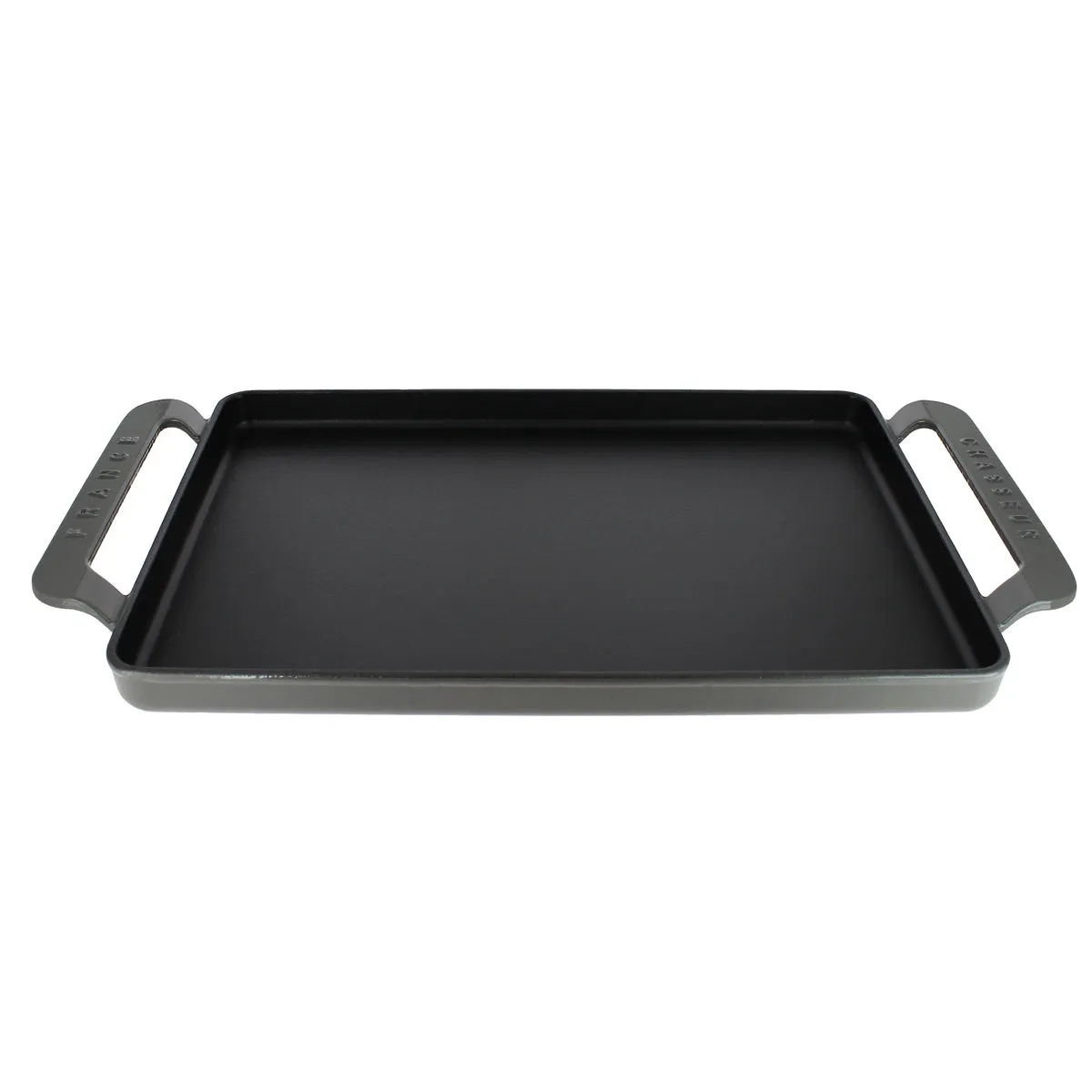 French Rectangular Enameled Cast Iron Griddle, 14-Inch, Caviar Grey