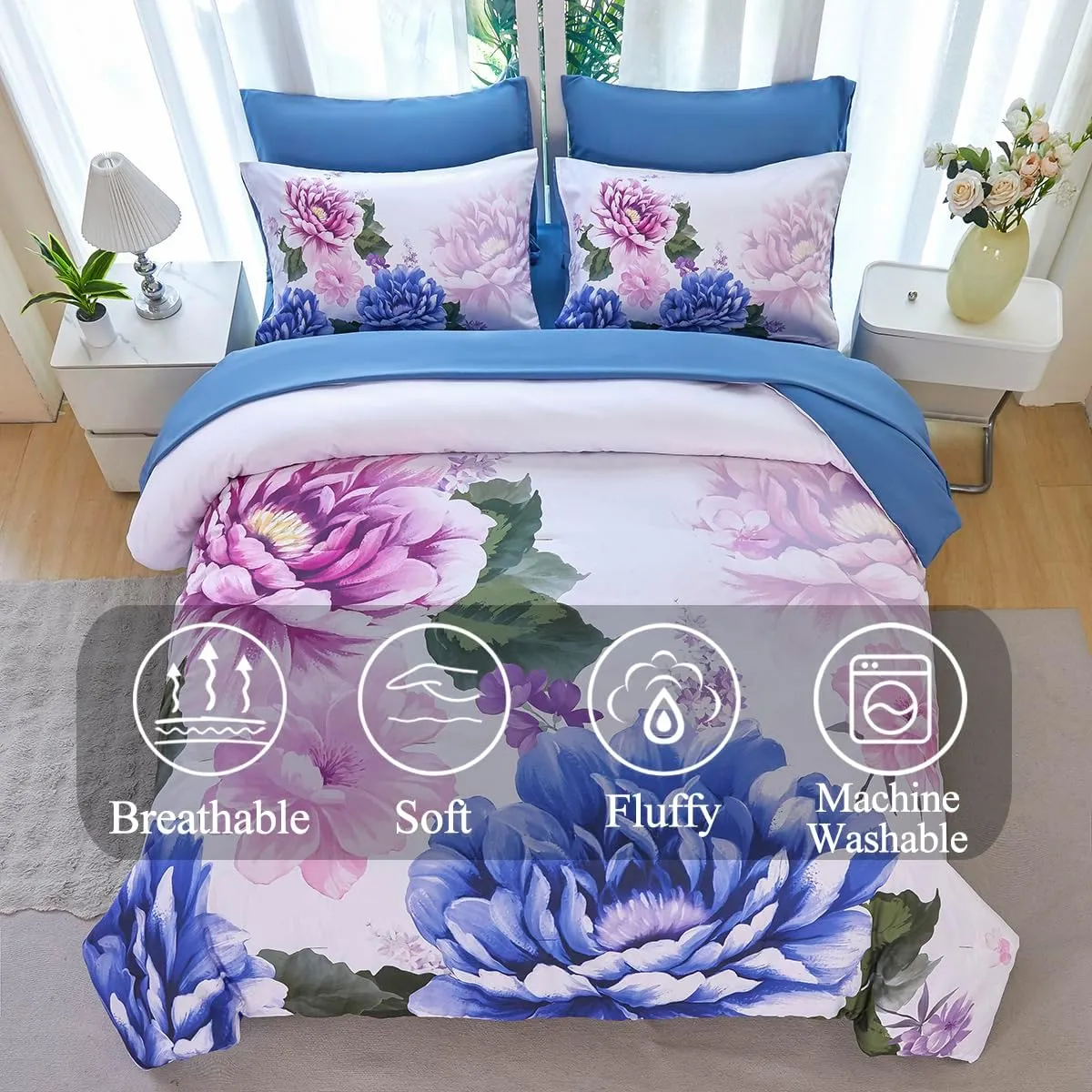 Full Size Bed in A Bag Blue Floral Bedding with Comforter Set 7 Pieces Botanical Comforter Set Soft Elegant Pink Flower Bed Set for All Seasons(Blue, Full)