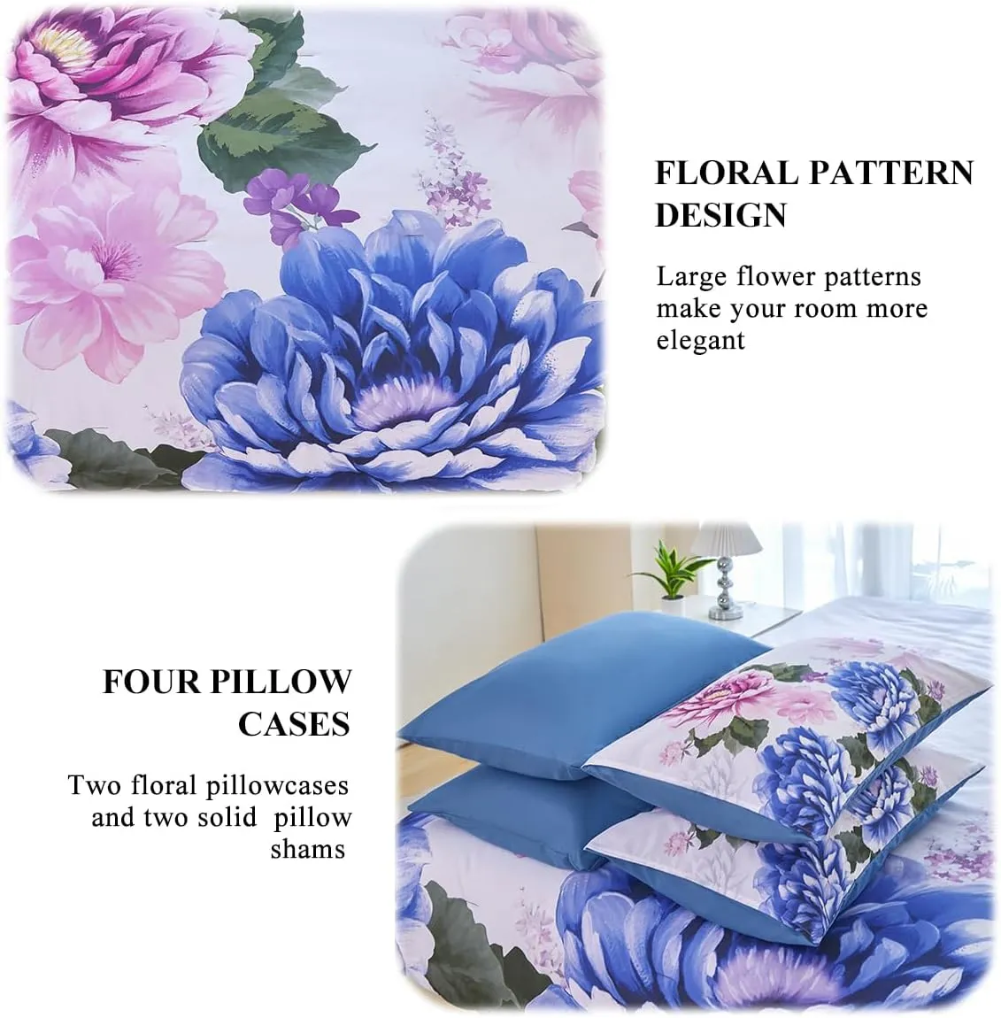 Full Size Bed in A Bag Blue Floral Bedding with Comforter Set 7 Pieces Botanical Comforter Set Soft Elegant Pink Flower Bed Set for All Seasons(Blue, Full)
