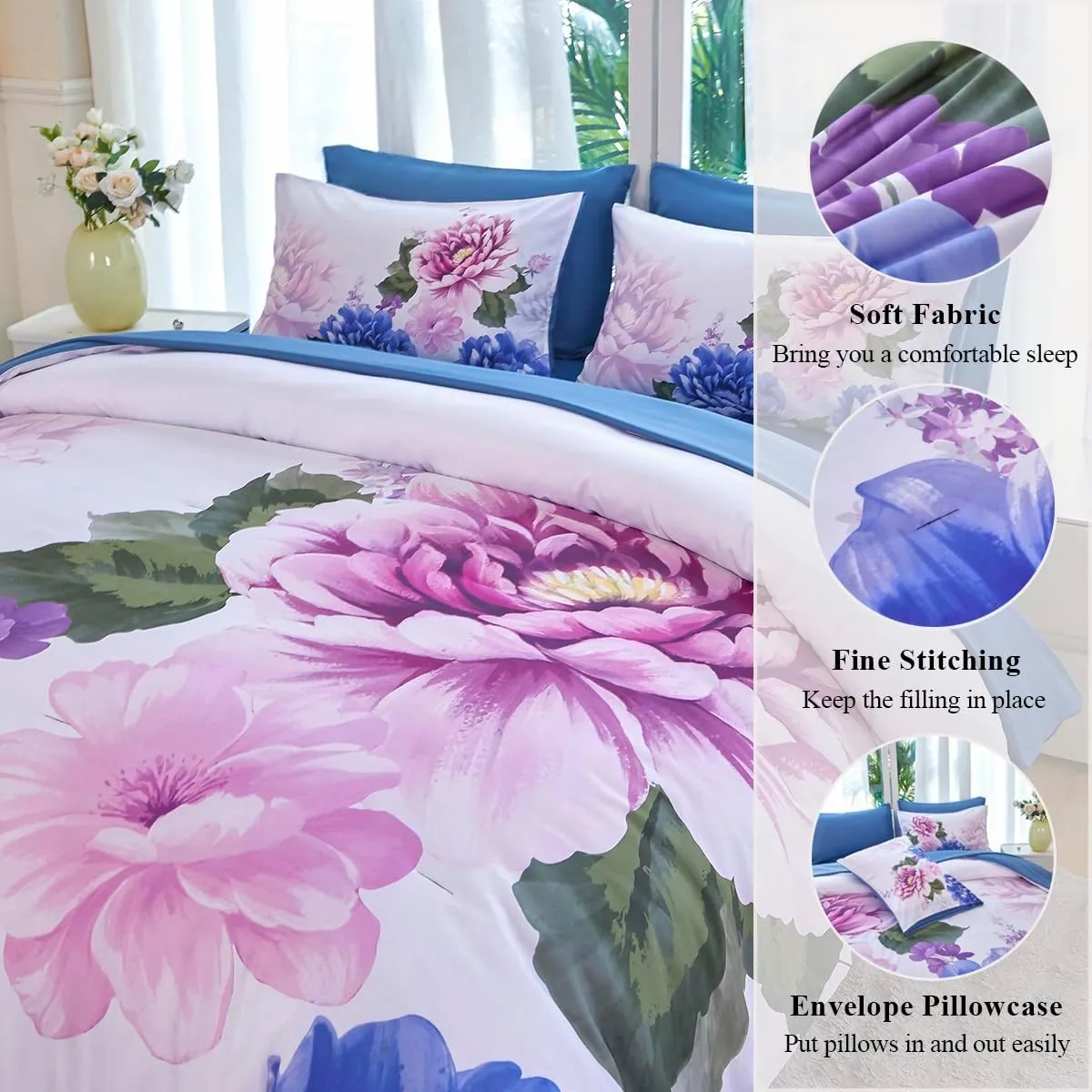 Full Size Bed in A Bag Blue Floral Bedding with Comforter Set 7 Pieces Botanical Comforter Set Soft Elegant Pink Flower Bed Set for All Seasons(Blue, Full)