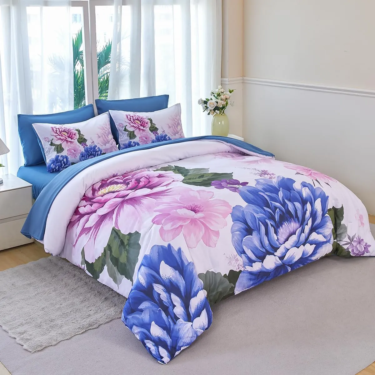 Full Size Bed in A Bag Blue Floral Bedding with Comforter Set 7 Pieces Botanical Comforter Set Soft Elegant Pink Flower Bed Set for All Seasons(Blue, Full)
