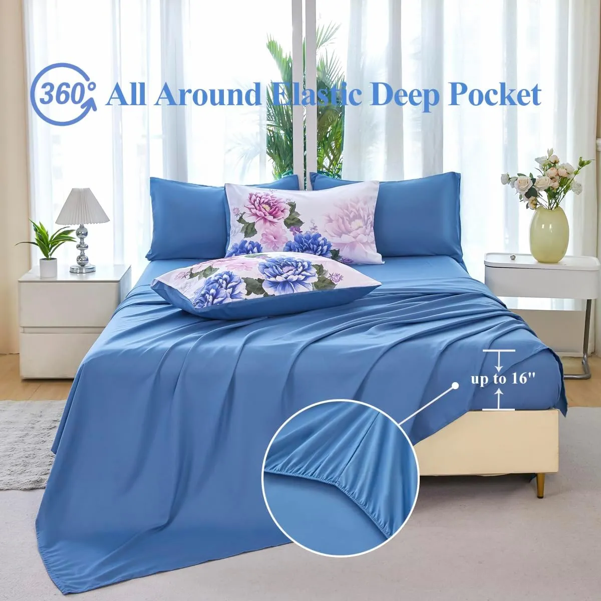 Full Size Bed in A Bag Blue Floral Bedding with Comforter Set 7 Pieces Botanical Comforter Set Soft Elegant Pink Flower Bed Set for All Seasons(Blue, Full)