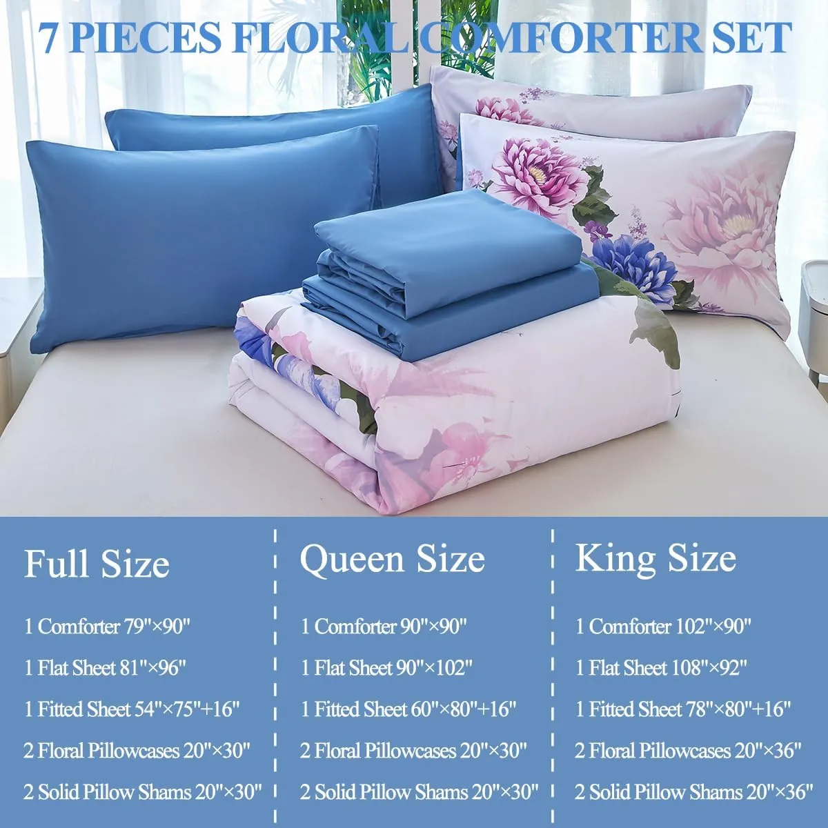 Full Size Bed in A Bag Blue Floral Bedding with Comforter Set 7 Pieces Botanical Comforter Set Soft Elegant Pink Flower Bed Set for All Seasons(Blue, Full)