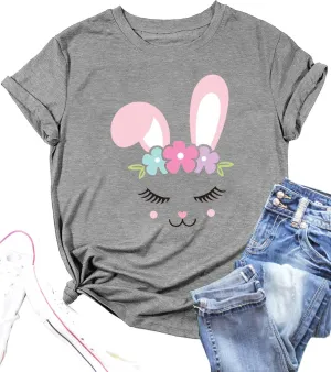 Funny Bunny Print T Shirt for Women Cute Grapic Leopard Shirts Family Blouse Gifts Easter Tops Tee