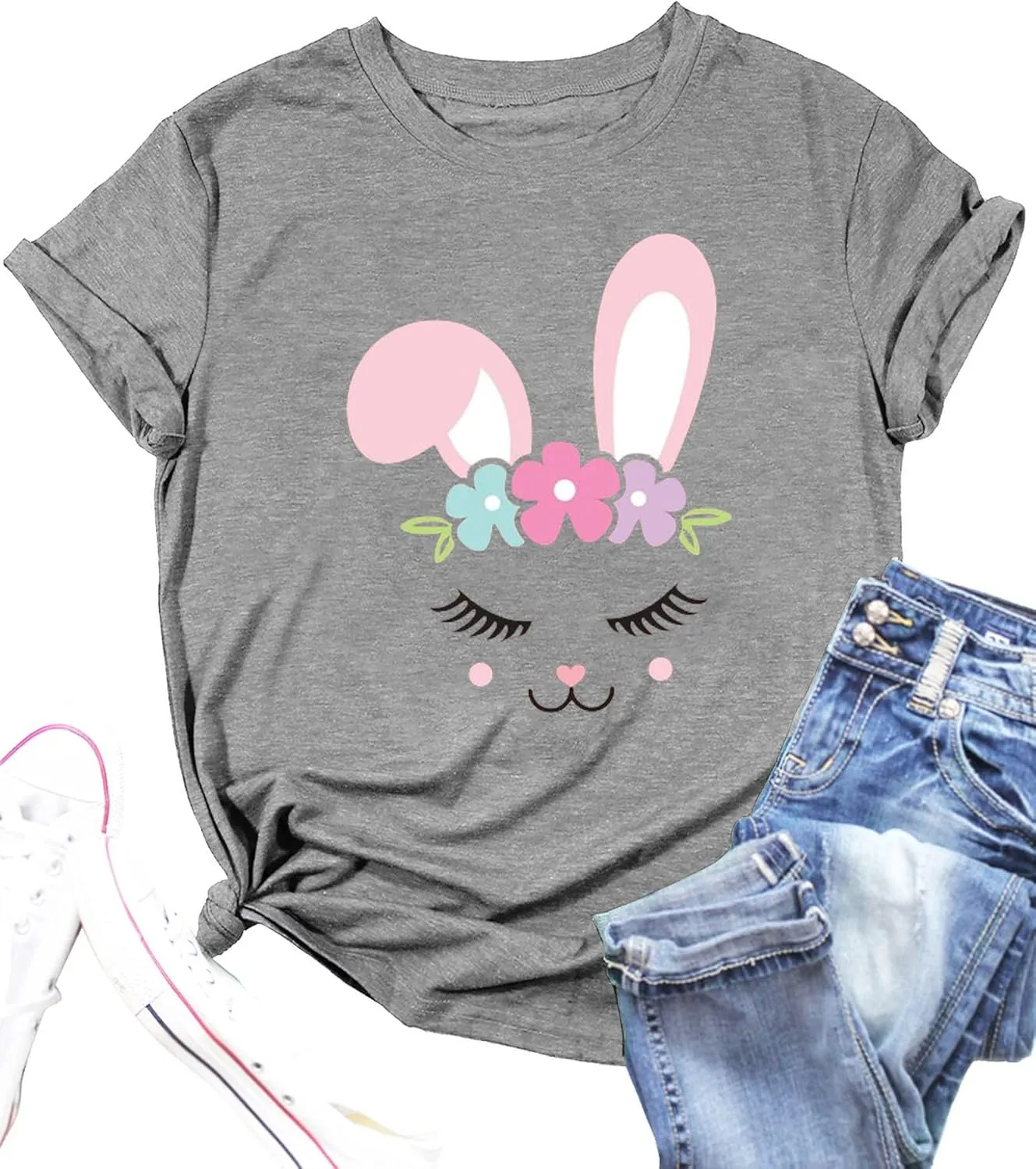 Funny Bunny Print T Shirt for Women Cute Grapic Leopard Shirts Family Blouse Gifts Easter Tops Tee