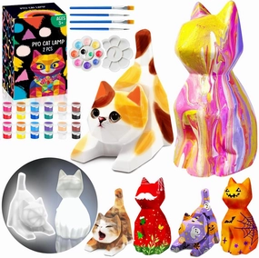 FUNZBO 2pcs Paint Your Own Cat Lamp Kit - Arts and Crafts Supplies Kitten Painting Kits for Kids Teens Adults, DIY Night Light Toy for Toddlers Girl Boy Ages 3 4 5 6 7 8 9 10 11 12 13   Birthday Gifts
