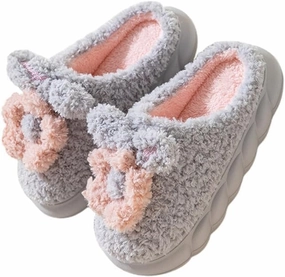 Fuzzy Knit House Slippers with Pom Poms, Women's & Men's Indoor Warm Slippers (gray, Adult, Women, 7, Numeric, US Footwear Size System, Medium)
