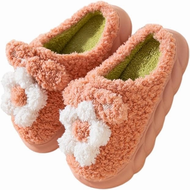 Fuzzy Knit House Slippers with Pom Poms, Women's & Men's Indoor Warm Slippers (red, Adult, Women, 8, Numeric, US Footwear Size System, Medium)