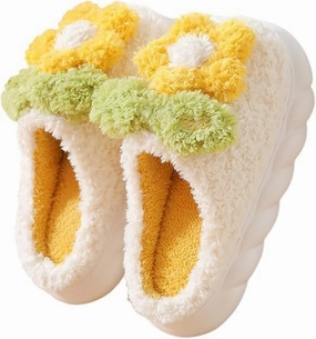 Fuzzy Knit House Slippers with Pom Poms, Women's & Men's Indoor Warm Slippers (white, Adult, Women, 10, Numeric, US Footwear Size System, Medium)