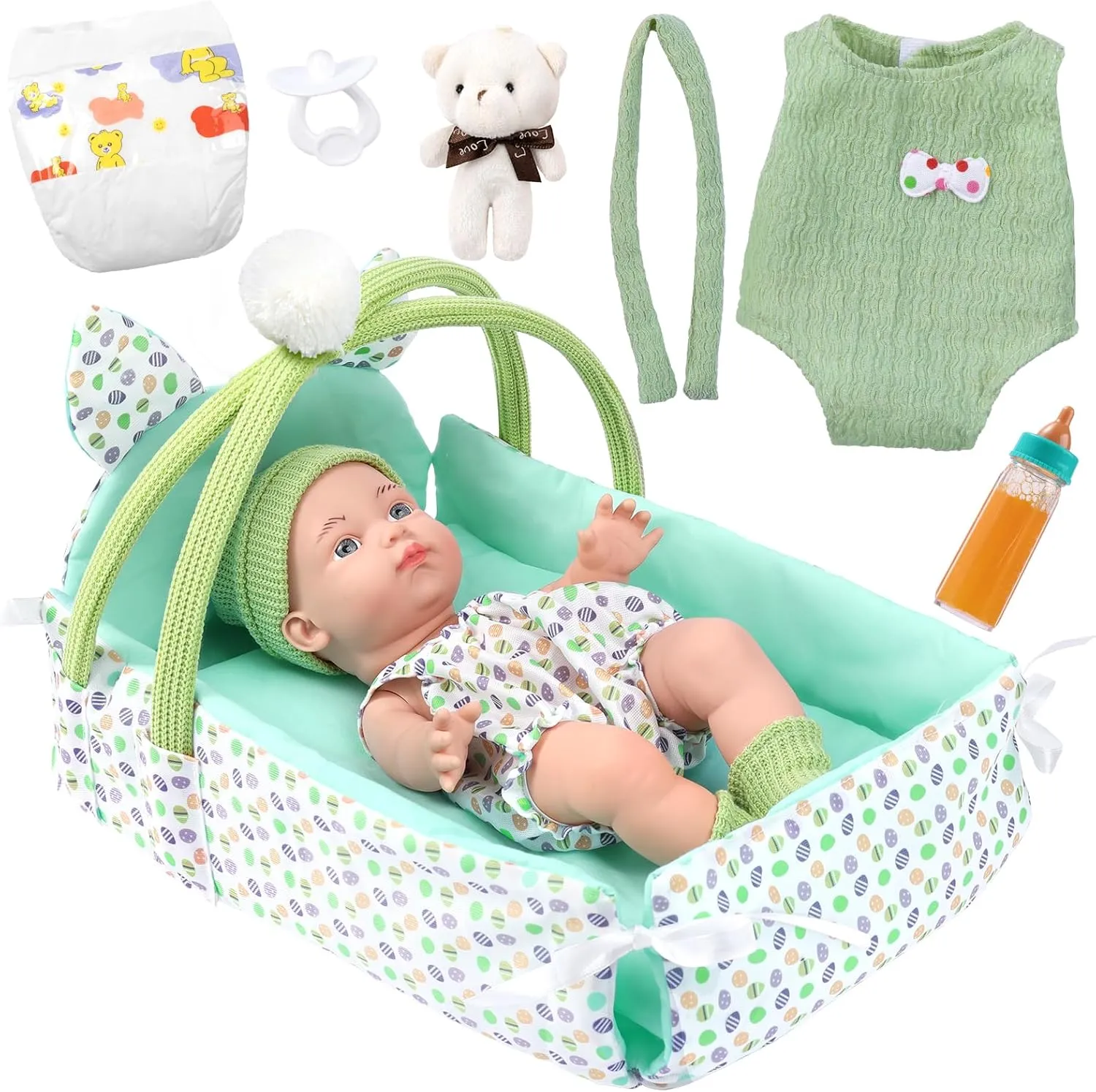 GAGAKU 12" Baby Doll Playset with Dolls Accessories Including Sleep Basket,2 Set Clothes,Bottles, Nipple, Small Doll Bear ,Diaper,First Baby Dolls for Toddlers 36 Months and Up