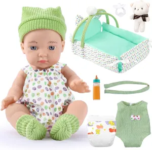 GAGAKU 12" Baby Doll Playset with Dolls Accessories Including Sleep Basket,2 Set Clothes,Bottles, Nipple, Small Doll Bear ,Diaper,First Baby Dolls for Toddlers 36 Months and Up
