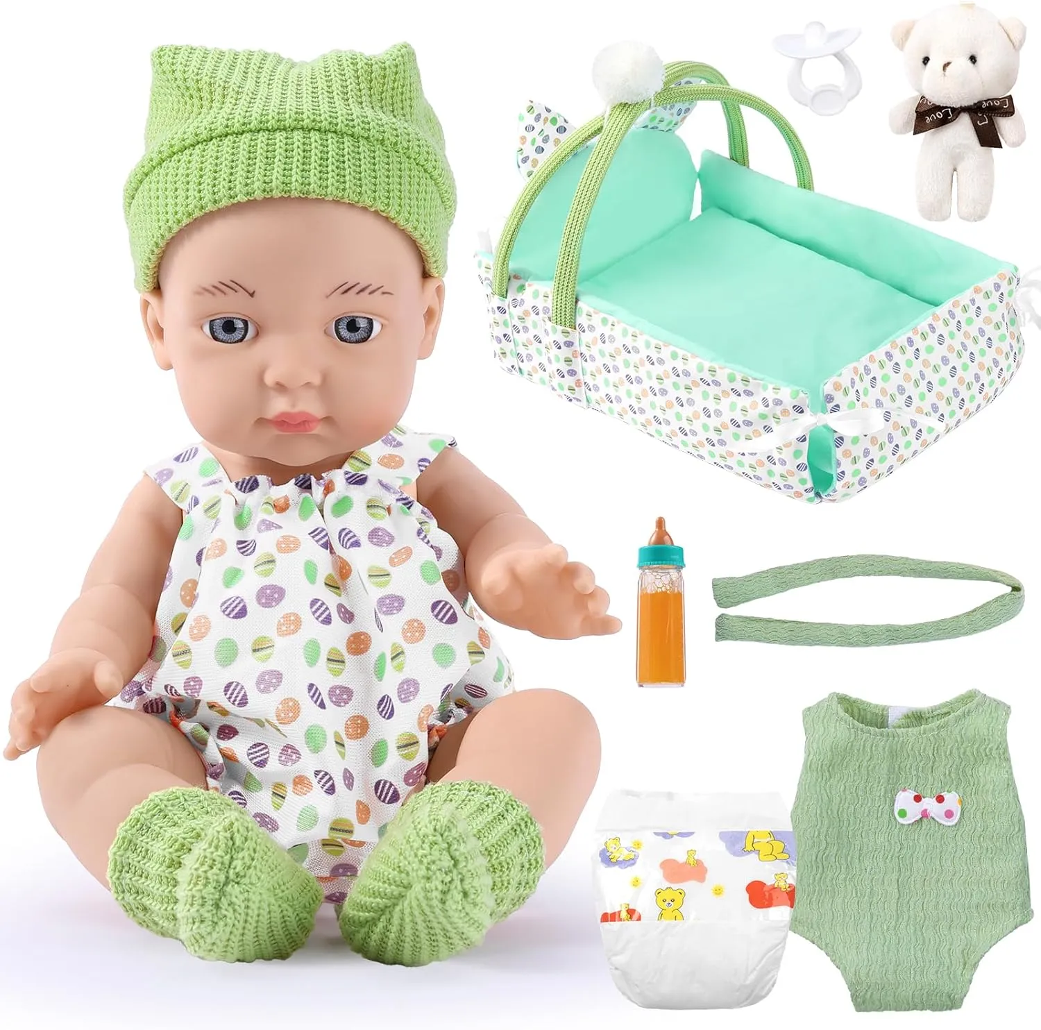 GAGAKU 12" Baby Doll Playset with Dolls Accessories Including Sleep Basket,2 Set Clothes,Bottles, Nipple, Small Doll Bear ,Diaper,First Baby Dolls for Toddlers 36 Months and Up