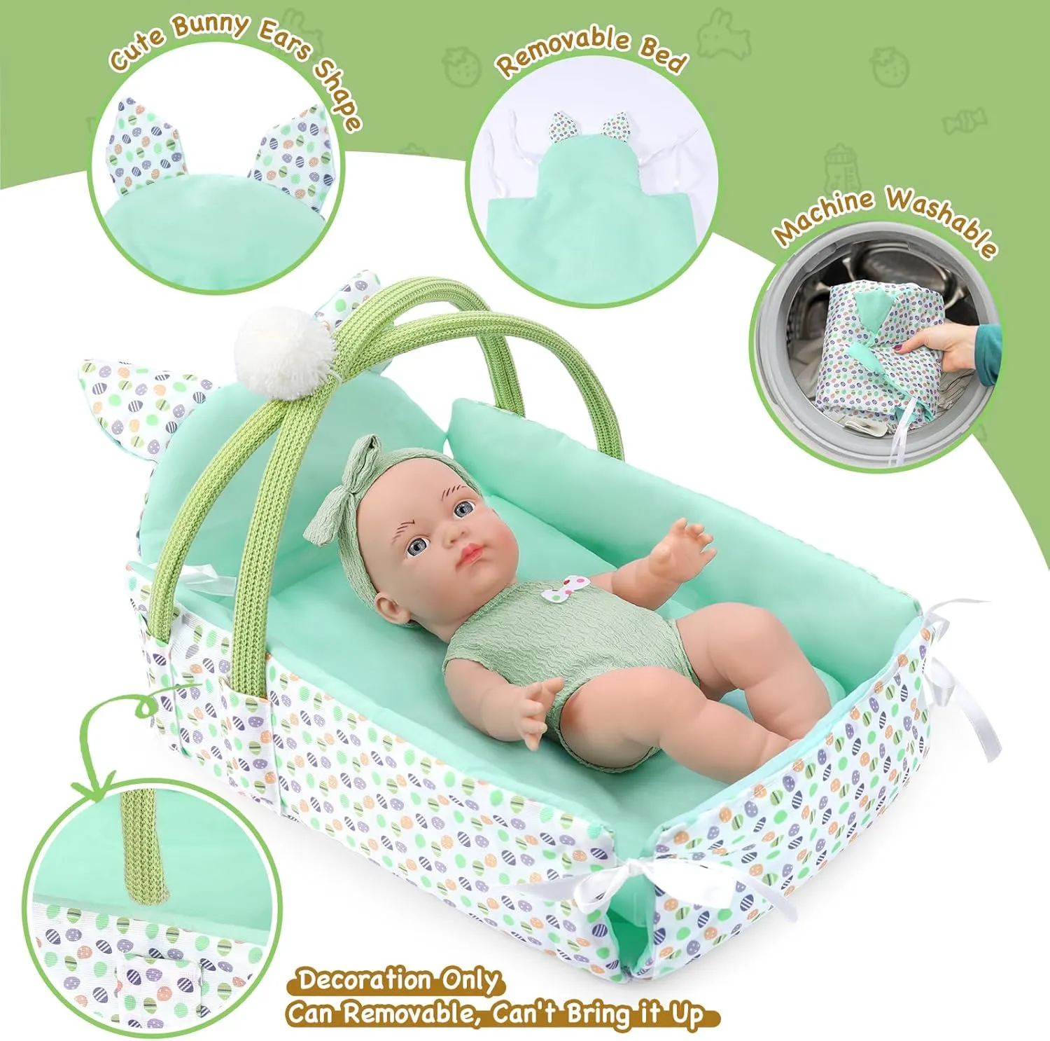 GAGAKU 12" Baby Doll Playset with Dolls Accessories Including Sleep Basket,2 Set Clothes,Bottles, Nipple, Small Doll Bear ,Diaper,First Baby Dolls for Toddlers 36 Months and Up