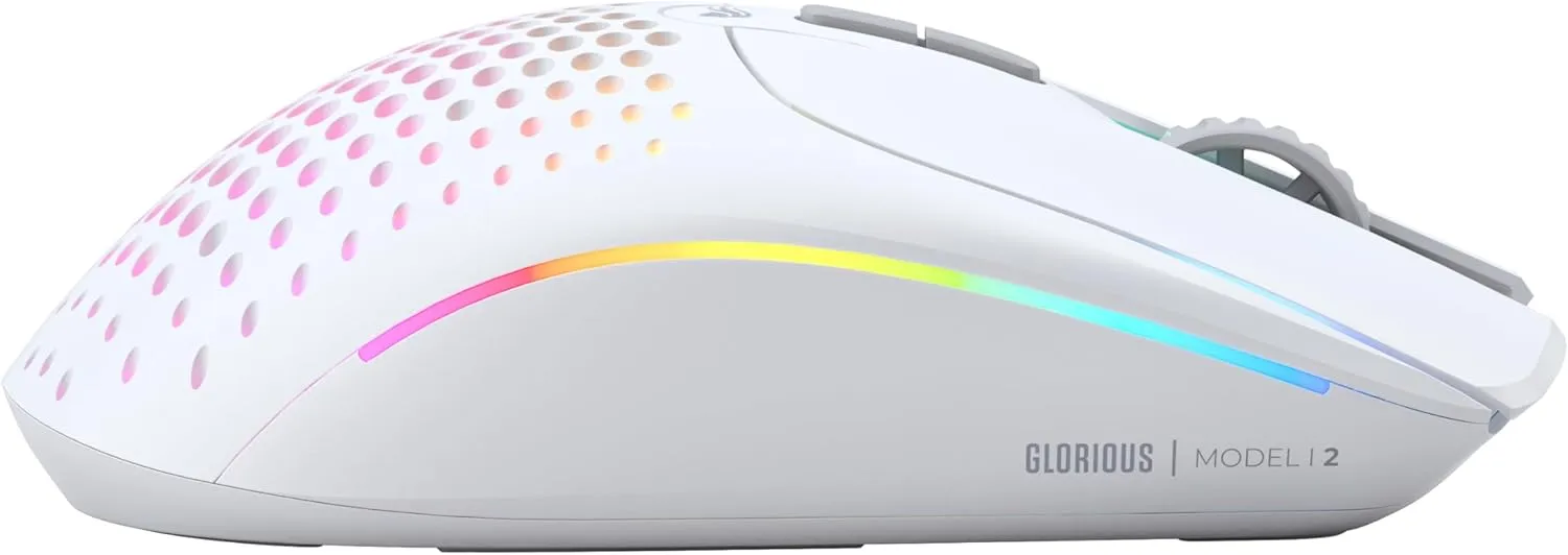 Glorious Gaming Model I 2 Wireless Gaming Mouse - Hybrid 2.4Ghz & Bluetooth, 75g Superlight, 9 Buttons (2 Swappable), RGB, PTFE Feet, MMO/MOBA/FPS, Long Battery Life, Side Thumb Rest - White