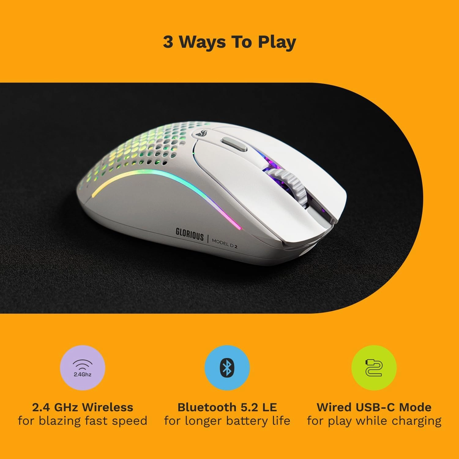 Glorious Gaming - Model D 2 Wireless Ergonomic Mouse, Superlight 66g, up to 210 hr Battery Life, 26K Optical Sensor, 6 Programmable Buttons, 80 Million Clicks, FPS, MMO, MOBA, Battle Royale (White)