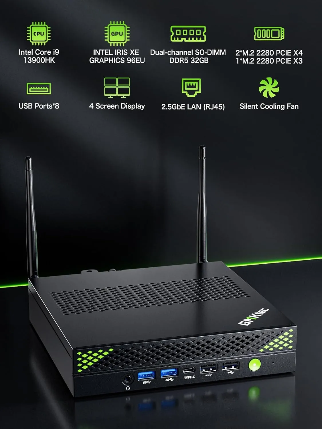 GMKtec Mini PC Intel Core i9 13900HK(Turbo 5.4GHz) 32GB DDR5 2TB SSD NVMe Mini Computers Workstation Quad 8K Display, 8XUSB Ports/COM/HDMI/DP 2.5G LAN WiFi6 & BT 5.2 Office Business K10